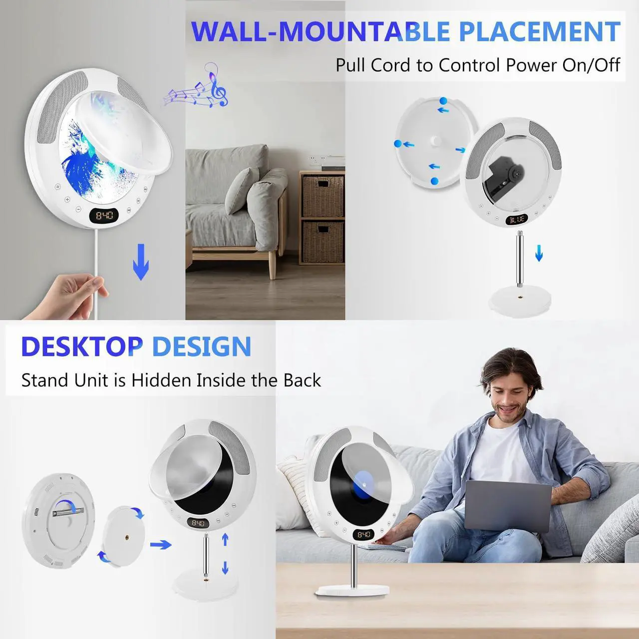 Alt view image 4 of 5 - CD Player Bluetooth, Desktop CD Players Wall Mountable, Portable CD Music Player for home, Built-in 2X 5W Speakers Supports FM/Bluetooth Receiver/USB 2.0/ AUX Input, Dust Cover, LCD Display