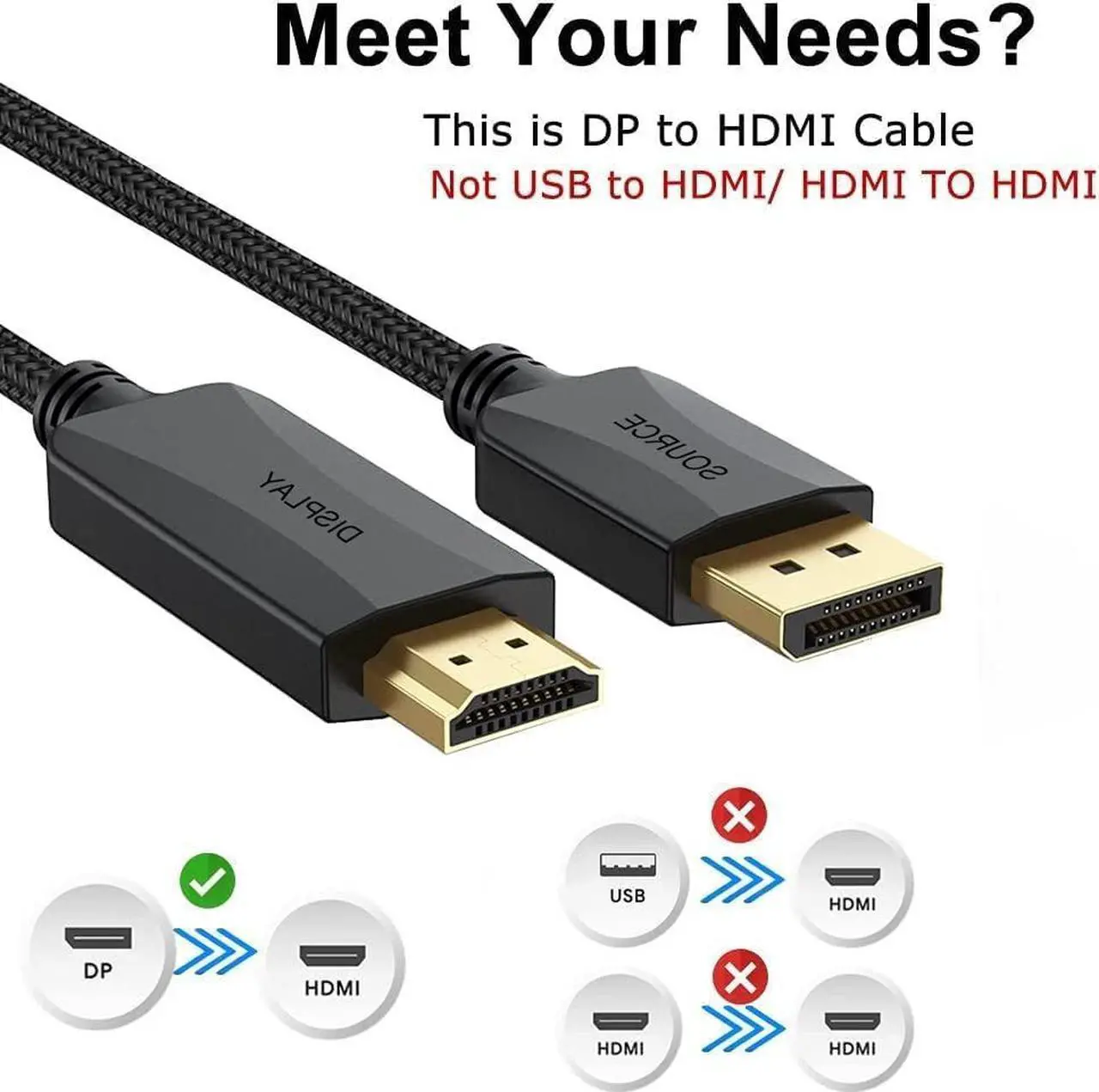 Alt view image 3 of 5 - DisplayPort to HDMI Cable 6 feet, 20-Pack Display Port DP to HDMI Adapter Male to Male Cord Gold-Plated Braided FHD Supports Video and Audio Compatible with Dell, HP, Insignia, Samsung, More