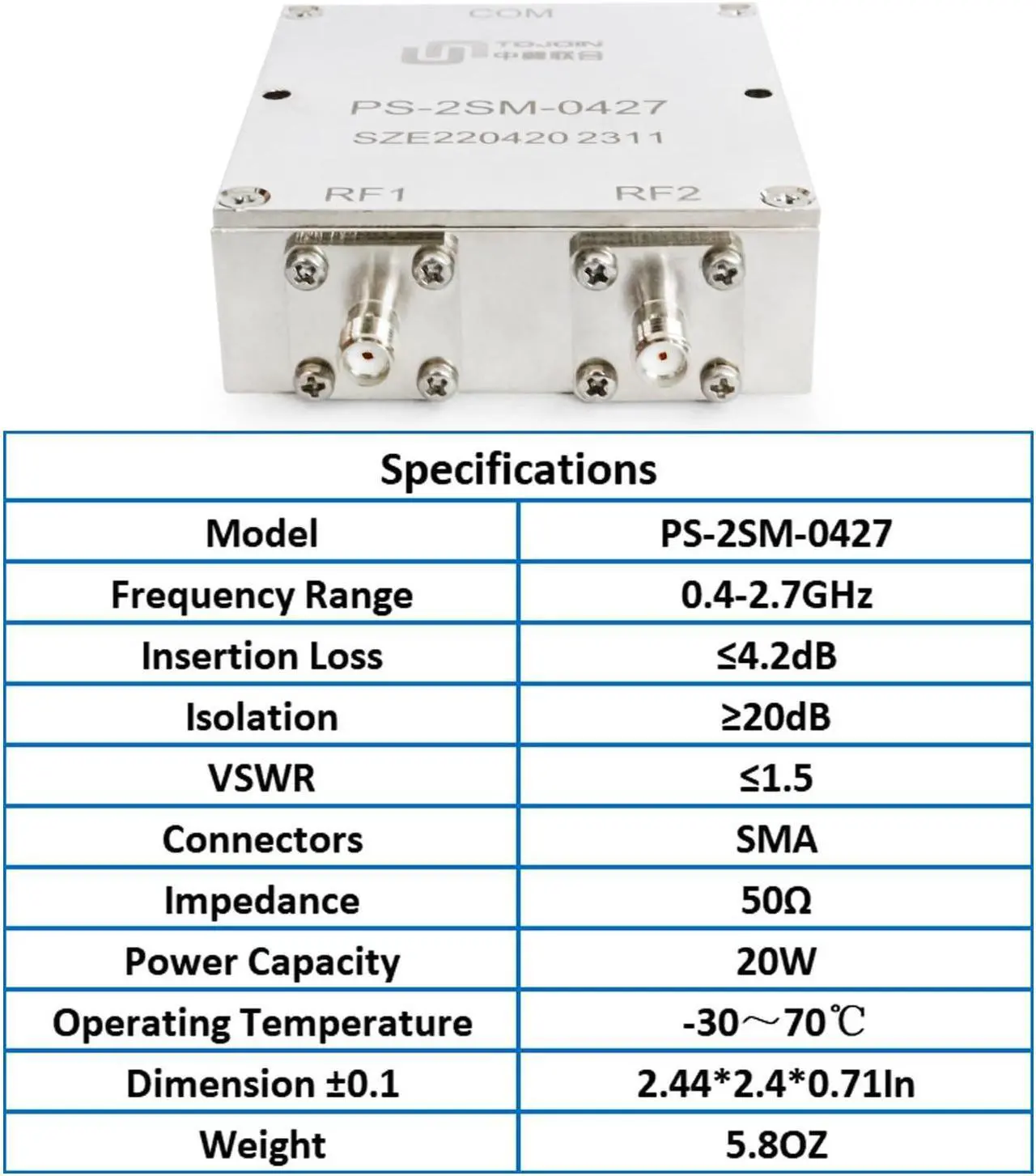 Alt view image 2 of 4 - TOJOIN Passive Power Splitter 2 way for SMA Connectors Coaxial Cable Splitter 0.4-2.7GHZ for RF/Microwave Measurements Accessories Splitter Coaxial, Antenna System Corrosion Resistant (PS-2SM-0427)