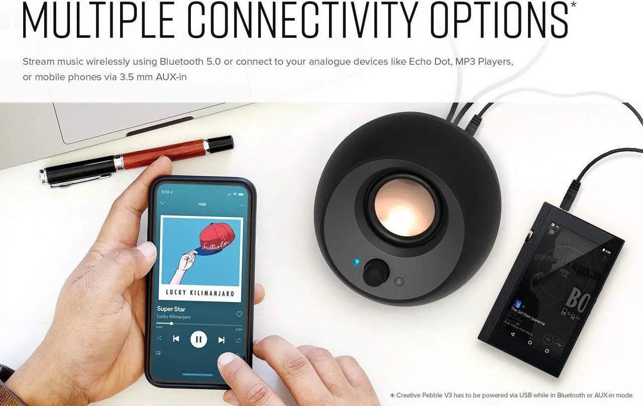 Alt view image 5 of 5 - Creative Pebble V3 Minimalistic 2.0 USB-C Desktop Speakers with USB Audio, Clear Dialog Enhancement, Bluetooth 5.0, 8W RMS with 16W Peak Power, USB-A Converter Included (Black)