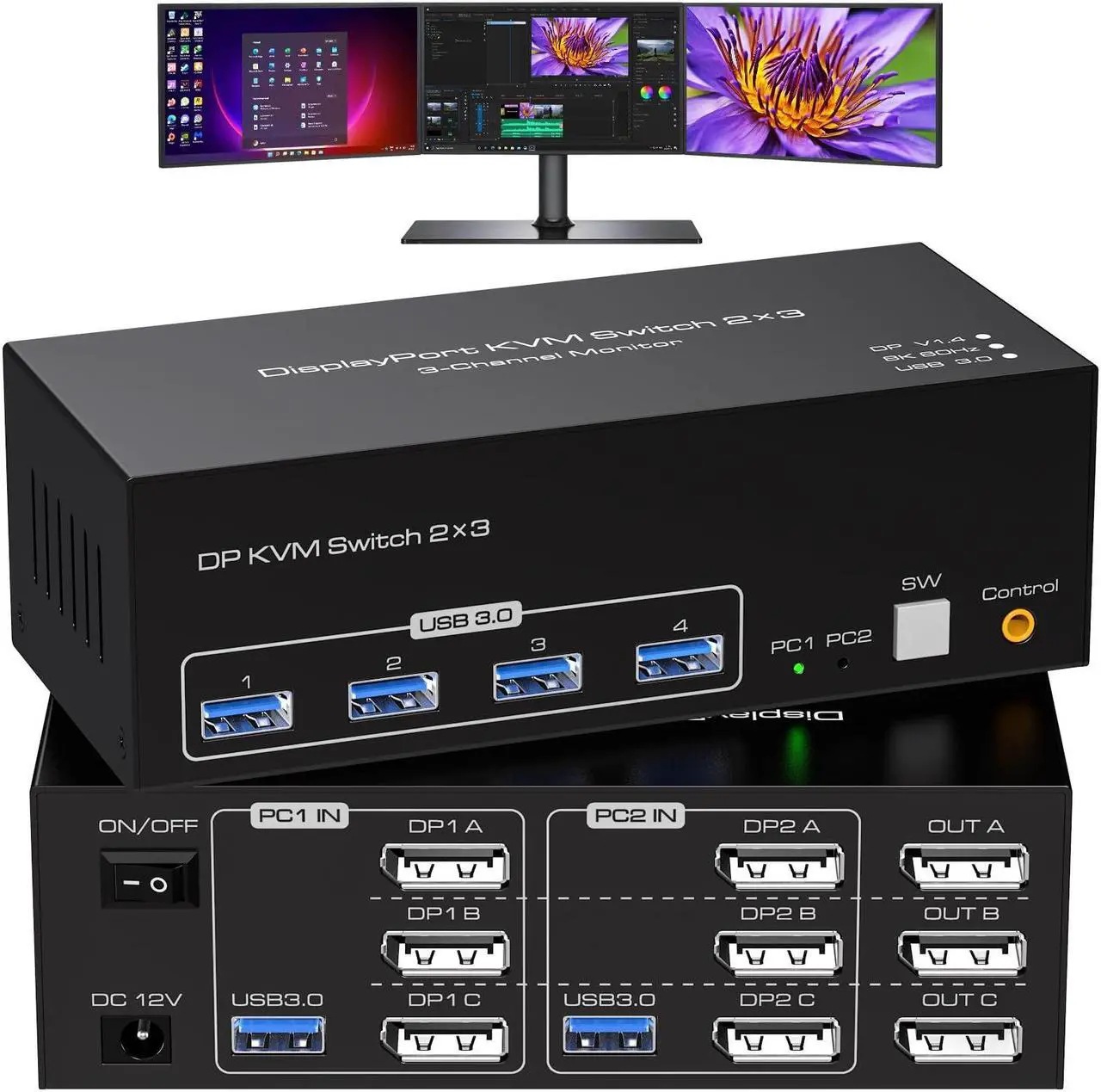 Main image of ATLAHET 8K Displayport KVM Switch 3 Monitors 2 Computers 4K 120Hz DP KVM Switches Triple Monitor for 2 PC Share 4 USB 3.0 Ports Support Extended & Copy Display Mode Wired Controller & 12V Adapter