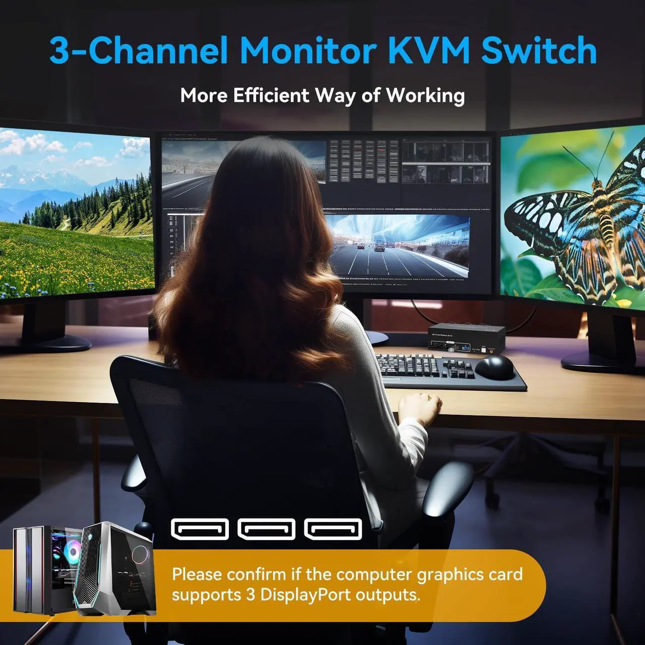 Alt view image 5 of 5 - ATLAHET 8K Displayport KVM Switch 3 Monitors 2 Computers 4K 120Hz DP KVM Switches Triple Monitor for 2 PC Share 4 USB 3.0 Ports Support Extended & Copy Display Mode Wired Controller & 12V Adapter