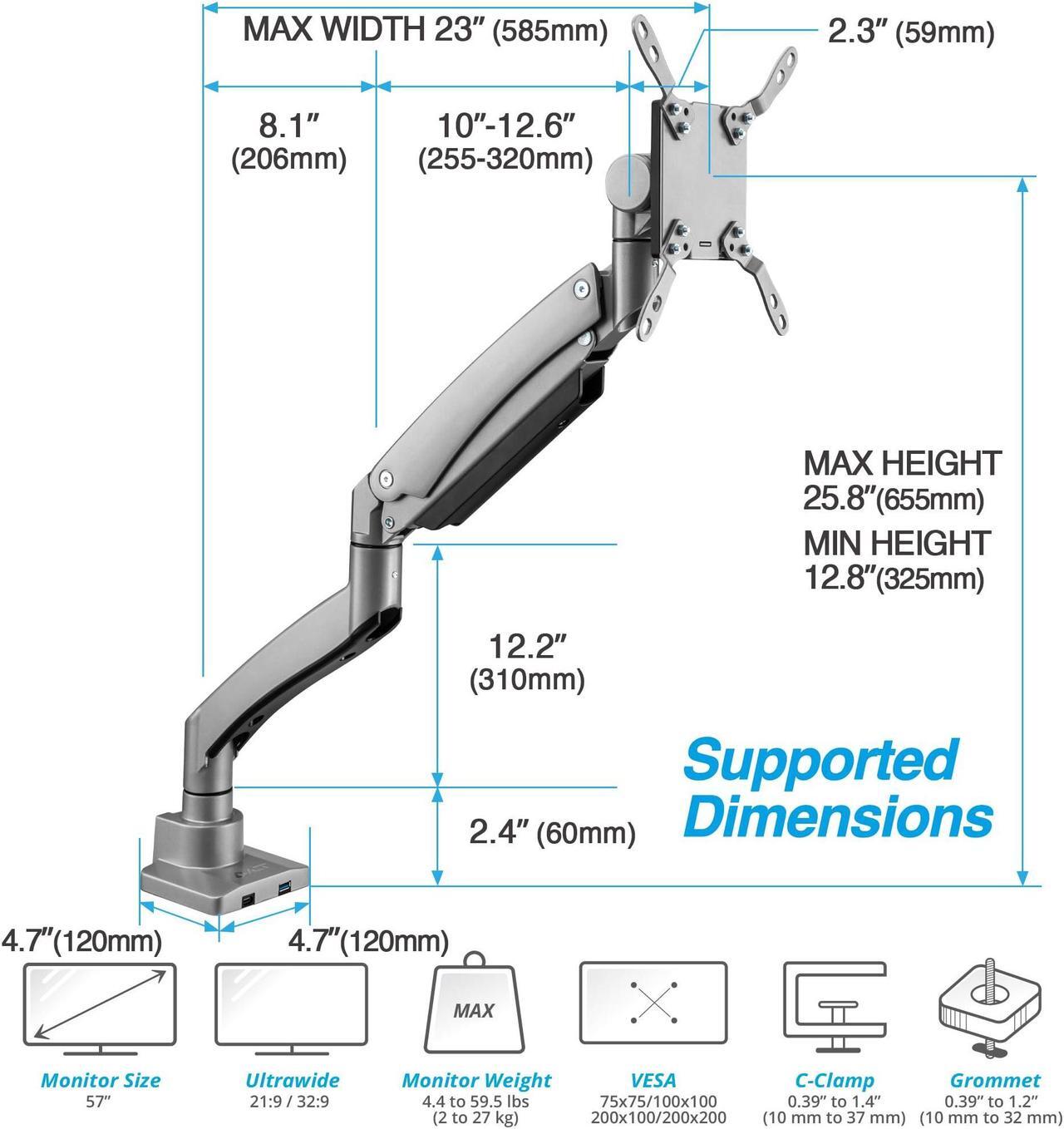 Alt view image 2 of 5 - AVLT Single 17"-57" Super Ultrawide Monitor Arm for Screens Up to 59.5 lbs, Premium Aluminum Desk Stand, Adjustable Pneumatic Height, Full Motion Swivel Tilt Rotation, USB-C & USB-A Ports, Gray