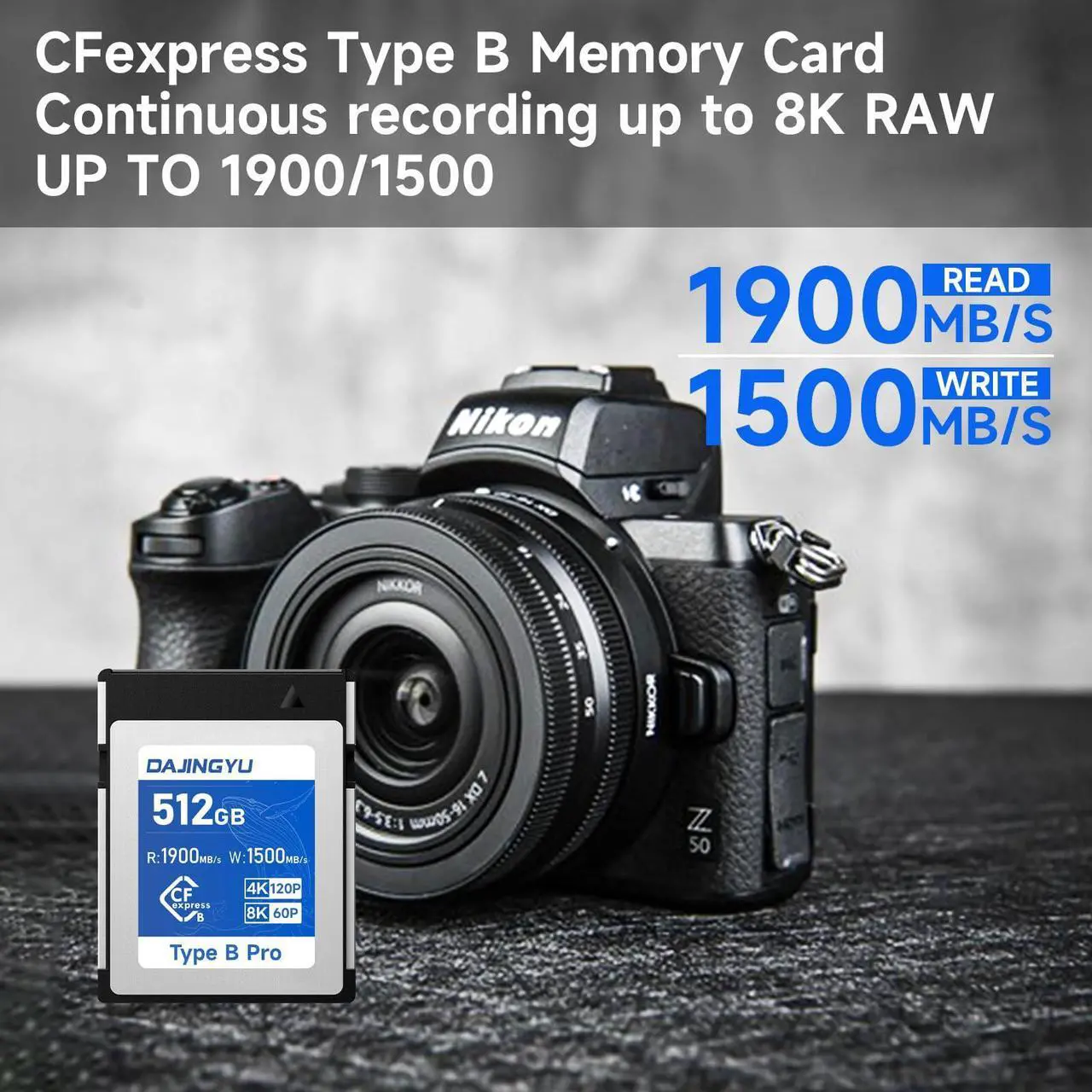 Alt view image 3 of 5 - DAJINGYU 512GB CFexpress Type B Memory Card VPG400,Up to 1900/1500 MB/s Read/Write- Shooting Video and Photo in up to 8K RAW,Compatible with Nikon, Canon,panasonic,Fujifilm Camera