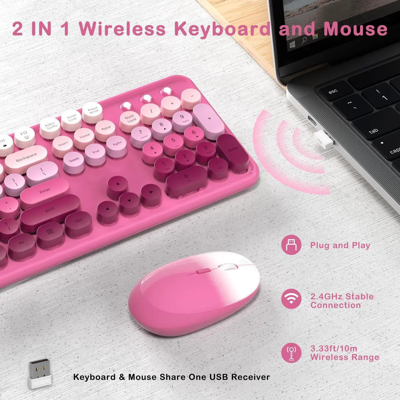 Alt view image 4 of 5 - Colorful Wireless Keyboard and Mouse Combo, COVEVA 2.4GHz Wireless Retro Cute Round Keycaps Keyboard, 104 Keys Full-Sized Keyboard Mouse Set with Switch Button for PC Laptop Desktop (Pink Gradient)