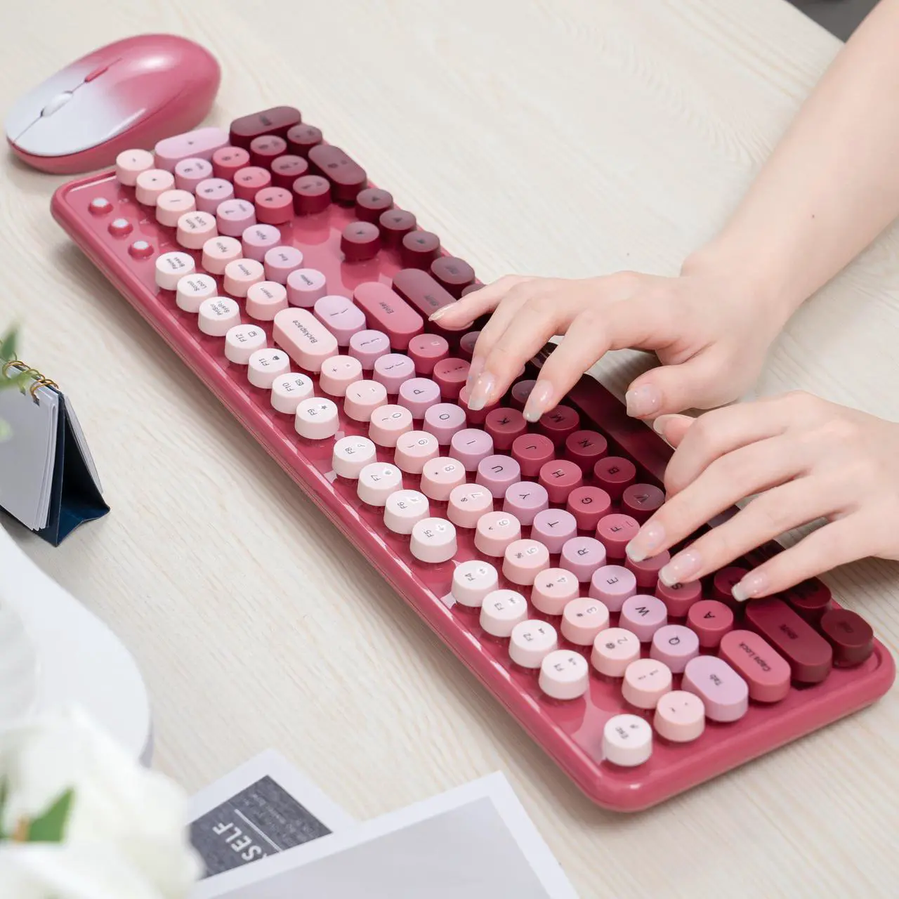 Alt view image 3 of 5 - Colorful Wireless Keyboard and Mouse Combo, COVEVA 2.4GHz Wireless Retro Cute Round Keycaps Keyboard, 104 Keys Full-Sized Keyboard Mouse Set with Switch Button for PC Laptop Desktop (Pink Gradient)