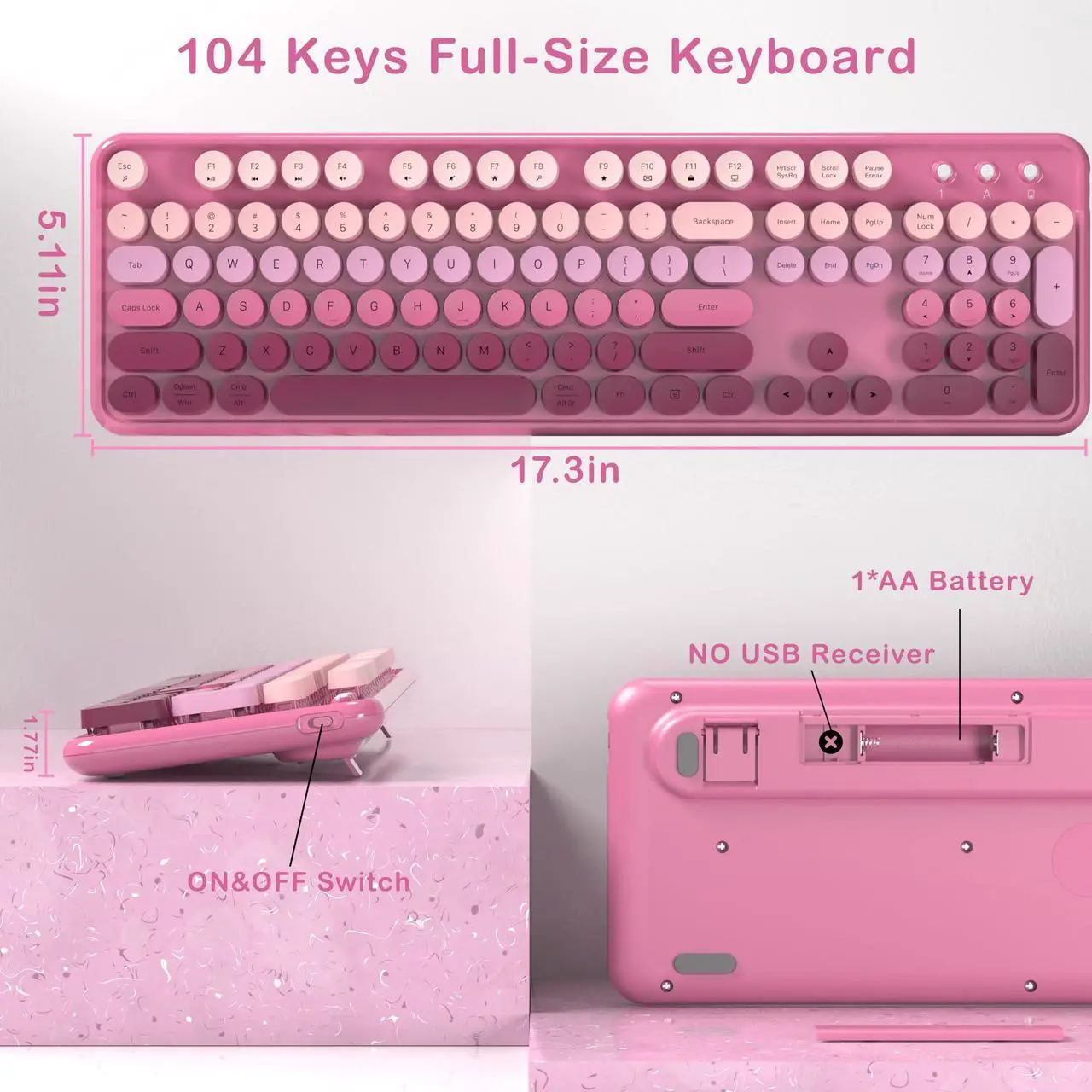 Alt view image 5 of 5 - Colorful Wireless Keyboard and Mouse Combo, COVEVA 2.4GHz Wireless Retro Cute Round Keycaps Keyboard, 104 Keys Full-Sized Keyboard Mouse Set with Switch Button for PC Laptop Desktop (Pink Gradient)