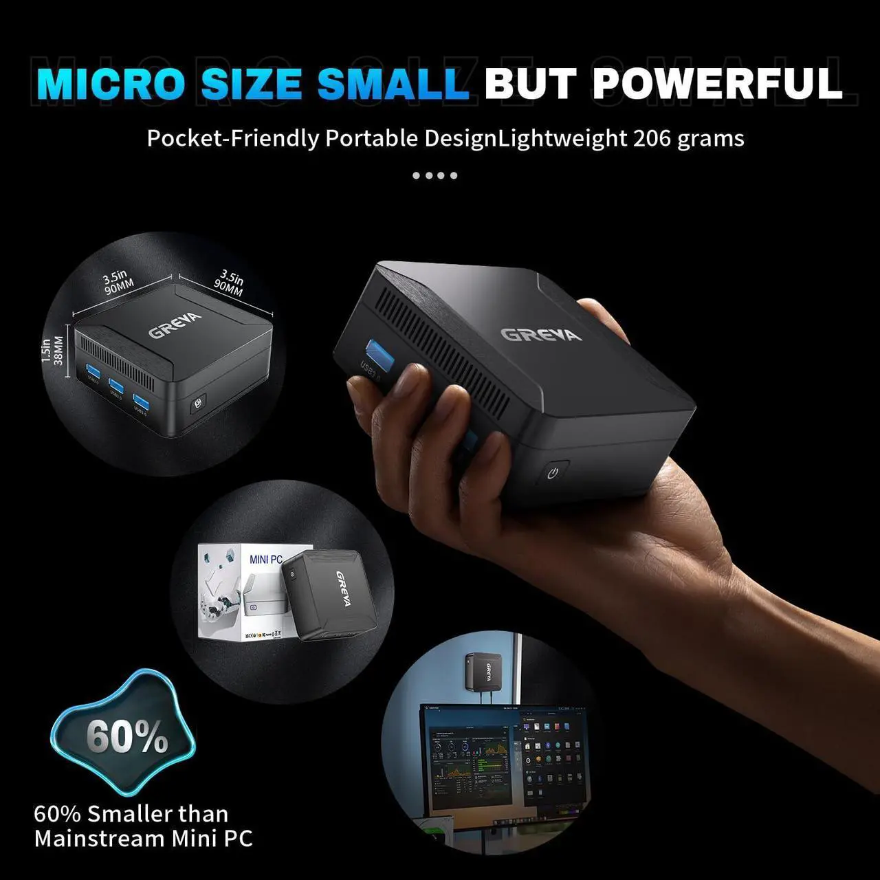 Alt view image 4 of 5 - GREVA Mini PC Intel 12th Alder Lake N100 4 cores 4 Threads 3.4 GHz 16GB RAM 512GB M.2 SSD Mini PC Computer 4K UHD 60Hz, 2024 Mini Desktop PC Windows 11, Gigabit Ethernet, 2.4G/5G Dual-Band WiFi 6 BT5