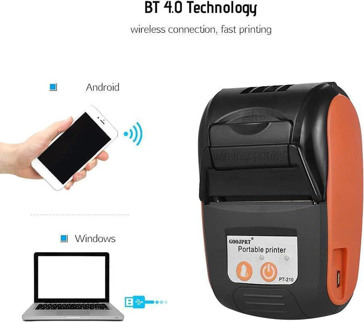 Alt view image 2 of 5 - bluetooth thermal receipt printer 58mm, android wireless portable mini pocket bill pos printer for small business, compatible with WINDOWS/LINUX/Android ,Can't support ios/ipad/MAC(orange color)