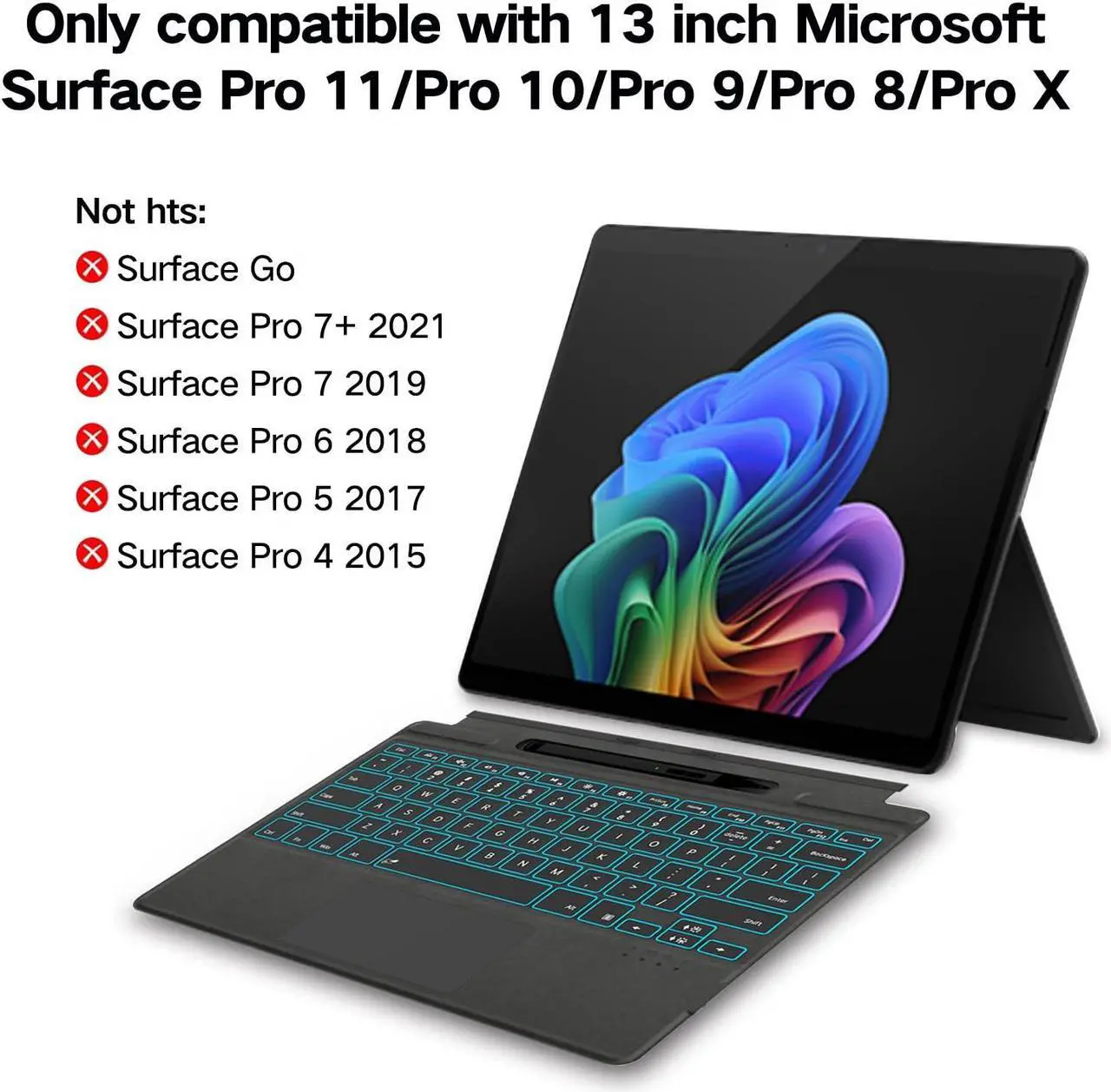 Alt view image 2 of 5 - JvKzaen Surface Pro 9 Keyboard with Slim Pen, Compatible with Microsoft Surface Pro 11 10 9 8 X, 13 Inch Bluetooth Wireless Backlit Type Cover with Slim Pen,Keyboard with Slim Pen,Black