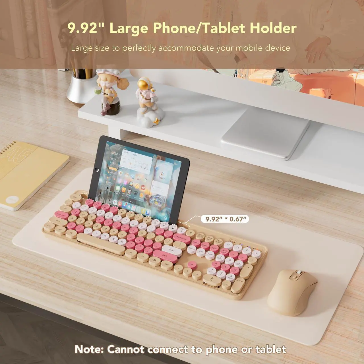 Alt view image 2 of 5 - Wireless Keyboard and Mouse Combo with Round Keycaps, Retro Typewriter Keyboard with Phone/Tablet Holder, Full Size Keyboard, Soft Click & Auto Sleep, for Windows/Computer/Laptop/PC, Milk-tea Colorful