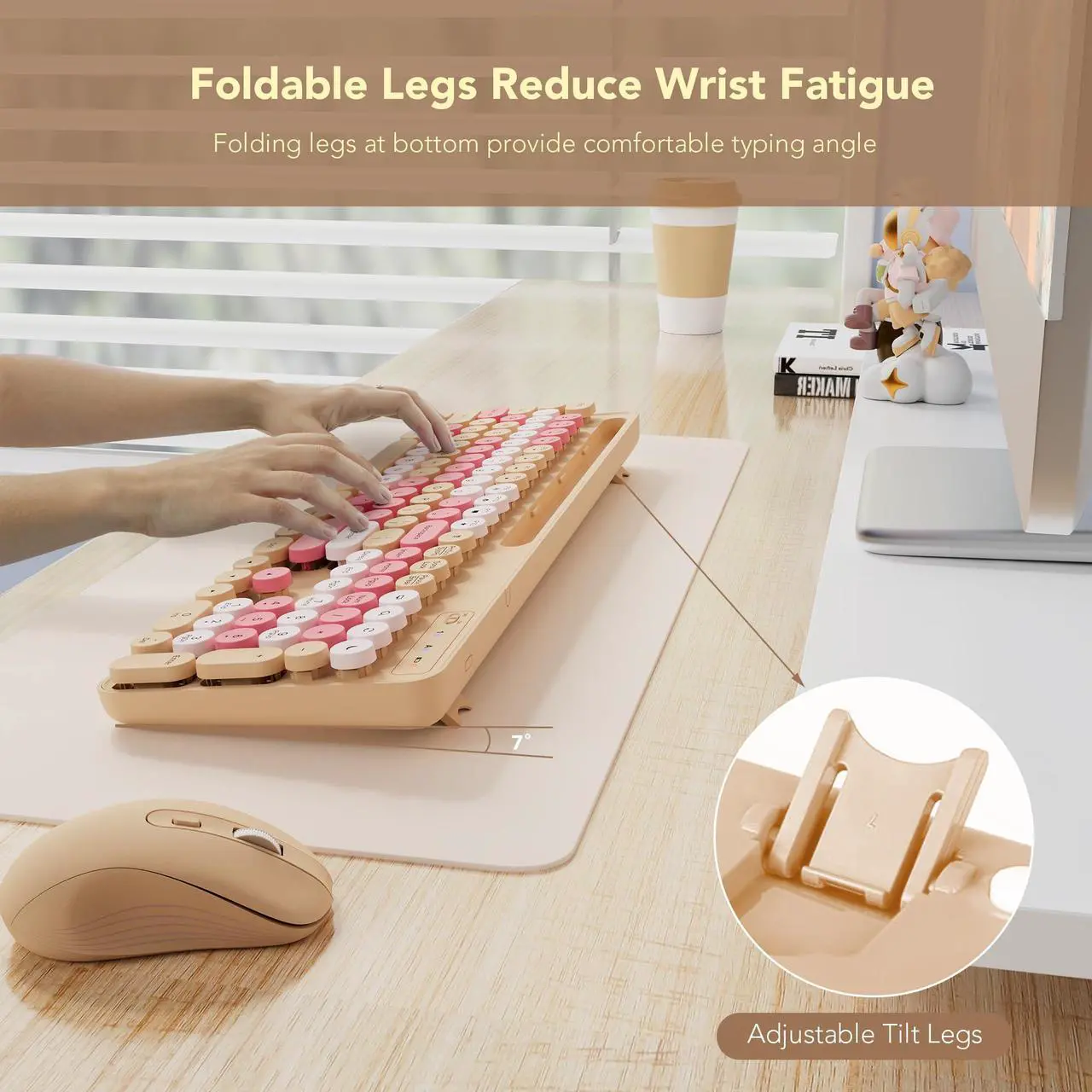 Alt view image 3 of 5 - Wireless Keyboard and Mouse Combo with Round Keycaps, Retro Typewriter Keyboard with Phone/Tablet Holder, Full Size Keyboard, Soft Click & Auto Sleep, for Windows/Computer/Laptop/PC, Milk-tea Colorful