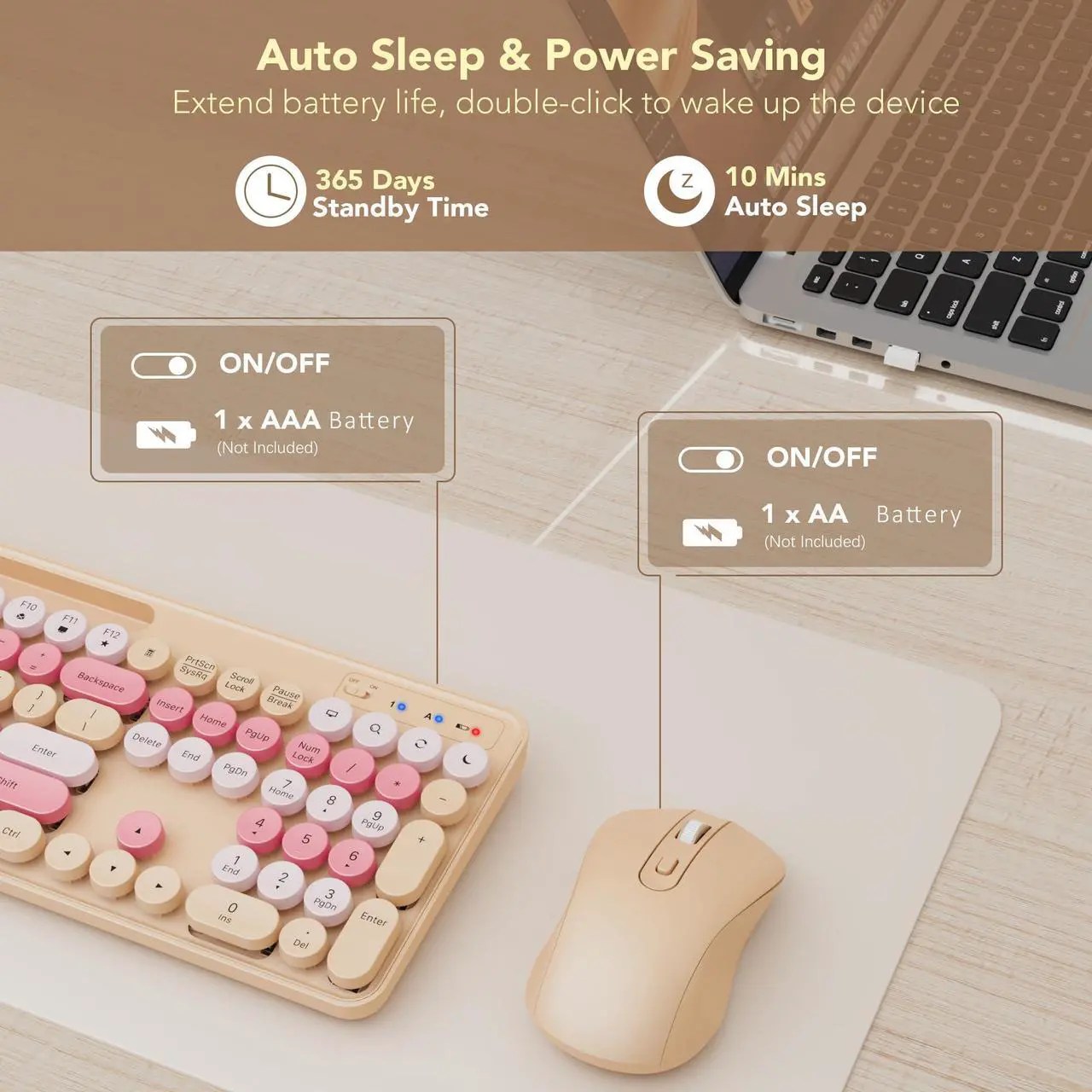 Alt view image 4 of 5 - Wireless Keyboard and Mouse Combo with Round Keycaps, Retro Typewriter Keyboard with Phone/Tablet Holder, Full Size Keyboard, Soft Click & Auto Sleep, for Windows/Computer/Laptop/PC, Milk-tea Colorful