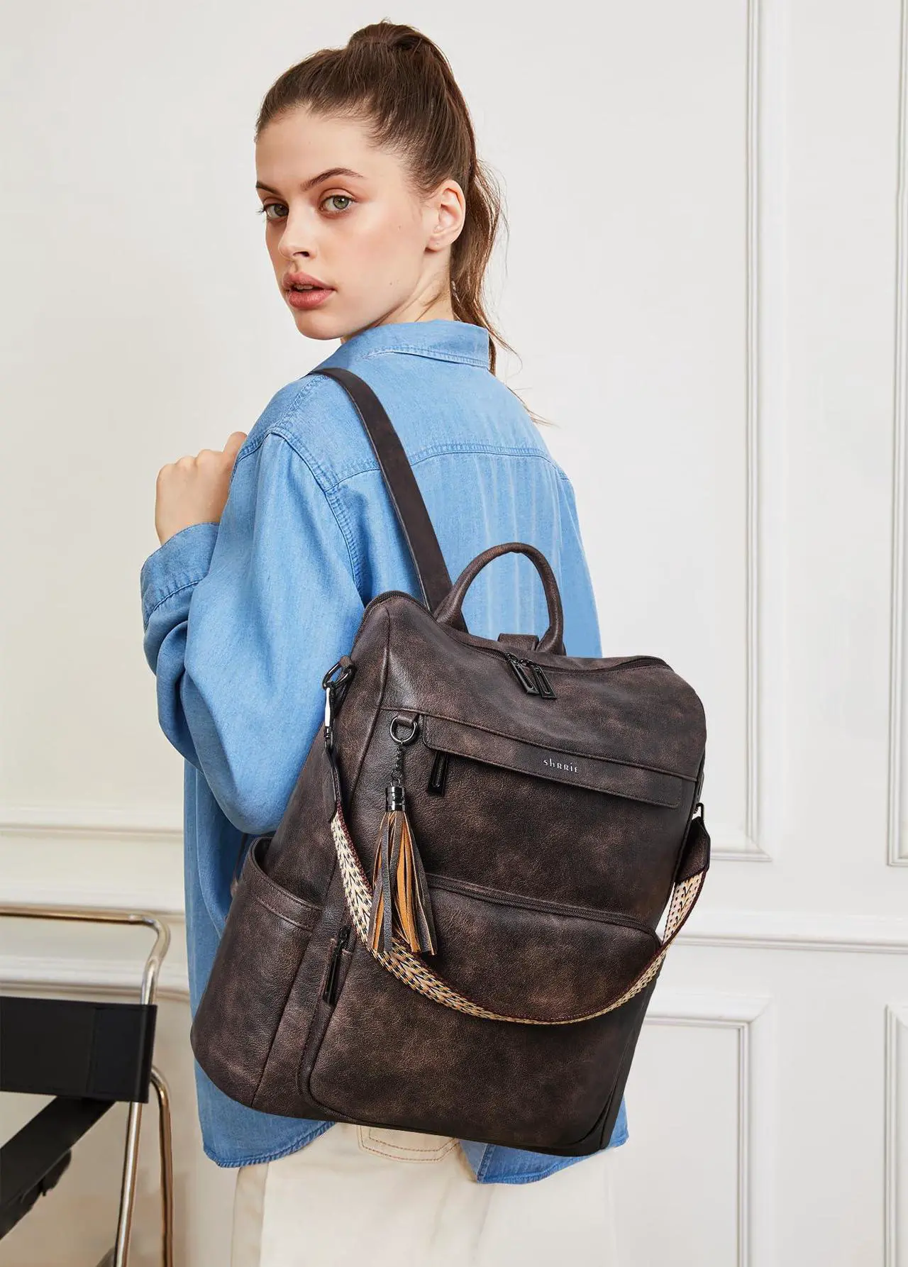 Alt view image 2 of 5 - Shrrie Vegan Leather Laptop Backpack for Women 15.6 inch Work Backpack Fashion Travel Backpack Purse for Travel College Work