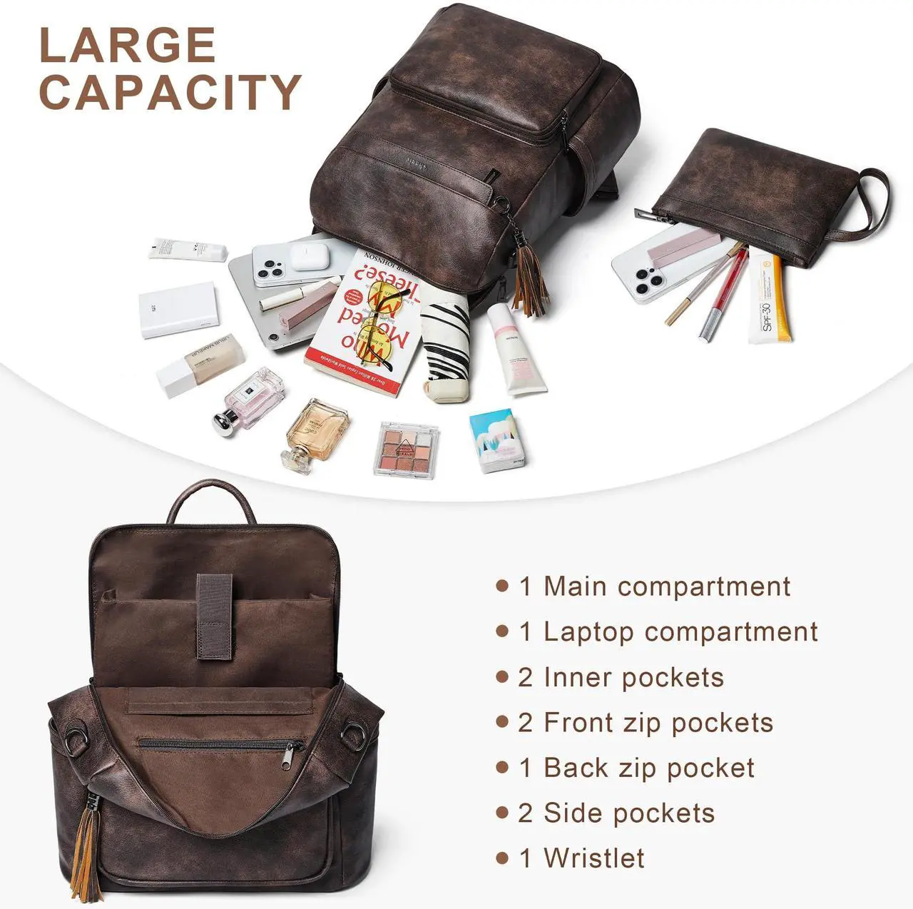 Alt view image 3 of 5 - Shrrie Vegan Leather Laptop Backpack for Women 15.6 inch Work Backpack Fashion Travel Backpack Purse for Travel College Work