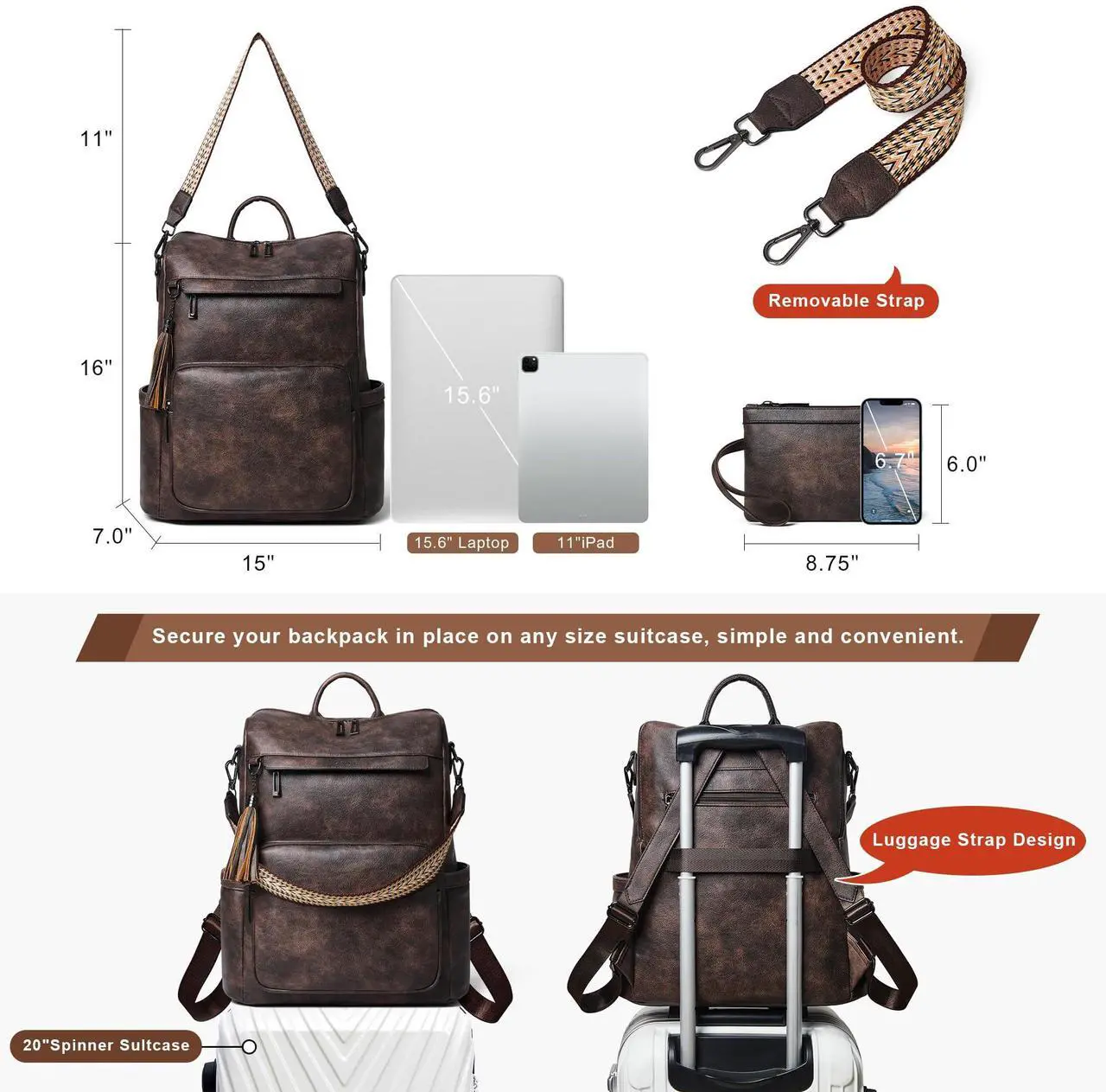 Alt view image 4 of 5 - Shrrie Vegan Leather Laptop Backpack for Women 15.6 inch Work Backpack Fashion Travel Backpack Purse for Travel College Work