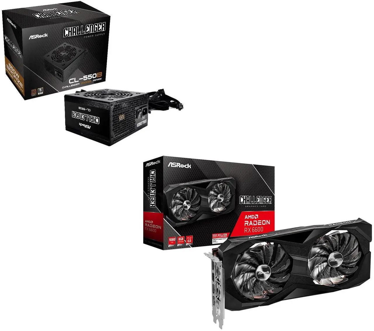 Main image of ASRock Chanllenger AMD RX 6600 8G GDDR6 Graphics Card and Bronze 80+ 550W Power Supply