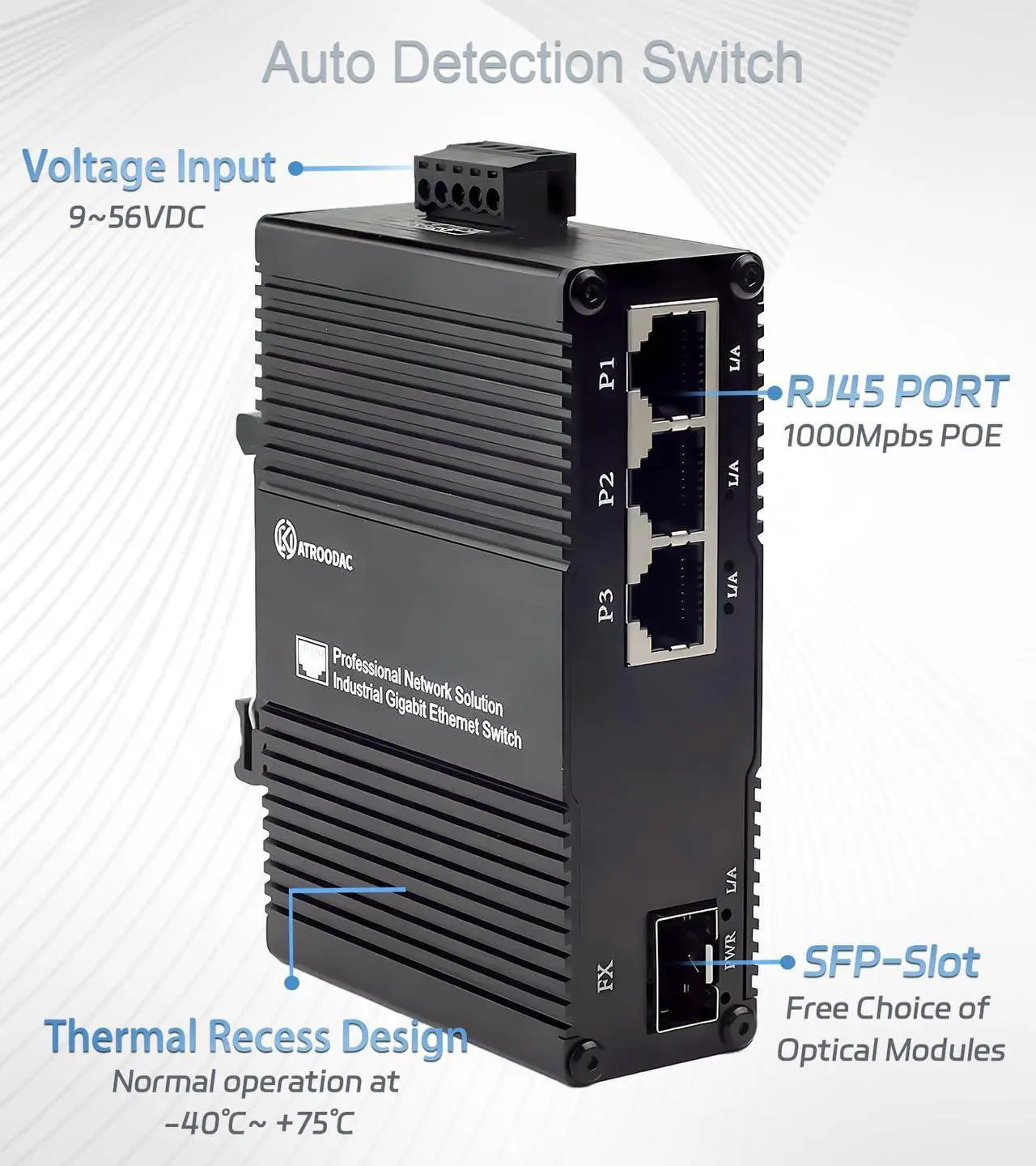 Alt view image 2 of 5 - Atroodac Mini Industrial 3 Port Gigabit Switch with SFP Slot Din Rail Wall Fanless Unmanaged Ethernet Switch 3*1000Mbps Ports +1G SFP Fiber Port Supportt Plug & Play Network Switch