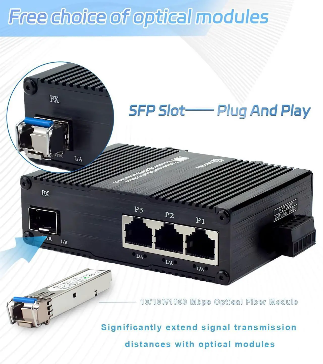 Alt view image 3 of 5 - Atroodac Mini Industrial 3 Port Gigabit Switch with SFP Slot Din Rail Wall Fanless Unmanaged Ethernet Switch 3*1000Mbps Ports +1G SFP Fiber Port Supportt Plug & Play Network Switch