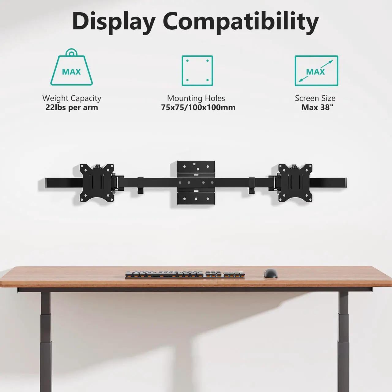 Alt view image 2 of 5 - WALI Dual Monitor Wall Mount for 17 to 38 Inch, Ultrawide Monitor Arm for 2 Monitors, Swivel Tilt Computer Wall Mount with Mounting Holes 75x75/100x100, Per Arm Holds Up to 19.8lbs (012ARM-38), Black
