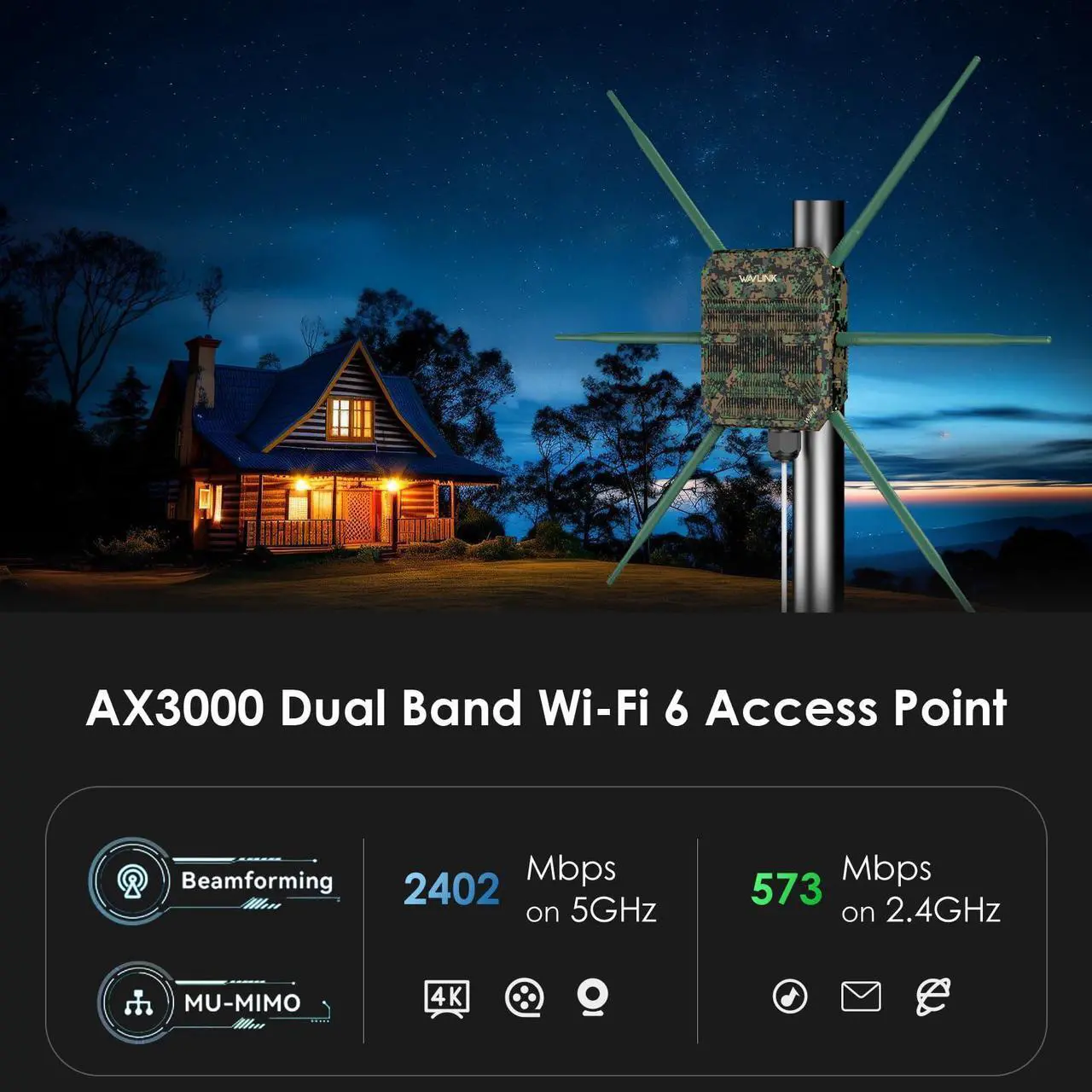 Alt view image 2 of 5 - WAVLINK AX3000 WiFi6 Outdoor WiFi Extender, Dual Band 5G+2.4G WiFi 6 Outdoor Wireless Access Point Weatherproof WiFi Repeater, Router, 802.3at Active POE, 6X 7dBi Intennas,Work with Starlink