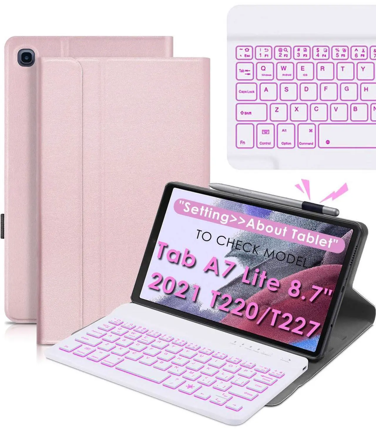 Main image of DETUOSI Backlit Keyboard Case for Samsung Galaxy Tab A7 Lite 8.7" 2021 (SM-T220/T227U) with S Pen Holder, 3 Viewing Angles Folio Leather Book Cover with Magnetic Closure + Wireless Keyboard Detachable