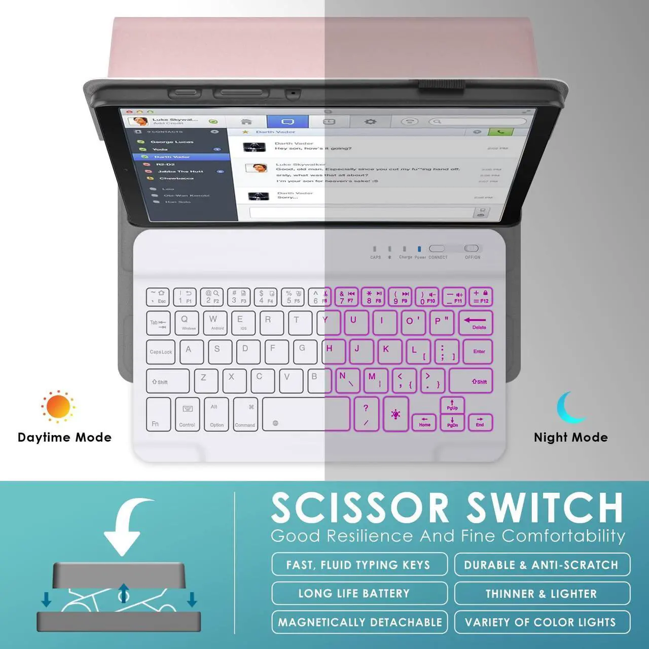 Alt view image 5 of 5 - DETUOSI Backlit Keyboard Case for Samsung Galaxy Tab A7 Lite 8.7" 2021 (SM-T220/T227U) with S Pen Holder, 3 Viewing Angles Folio Leather Book Cover with Magnetic Closure + Wireless Keyboard Detachable