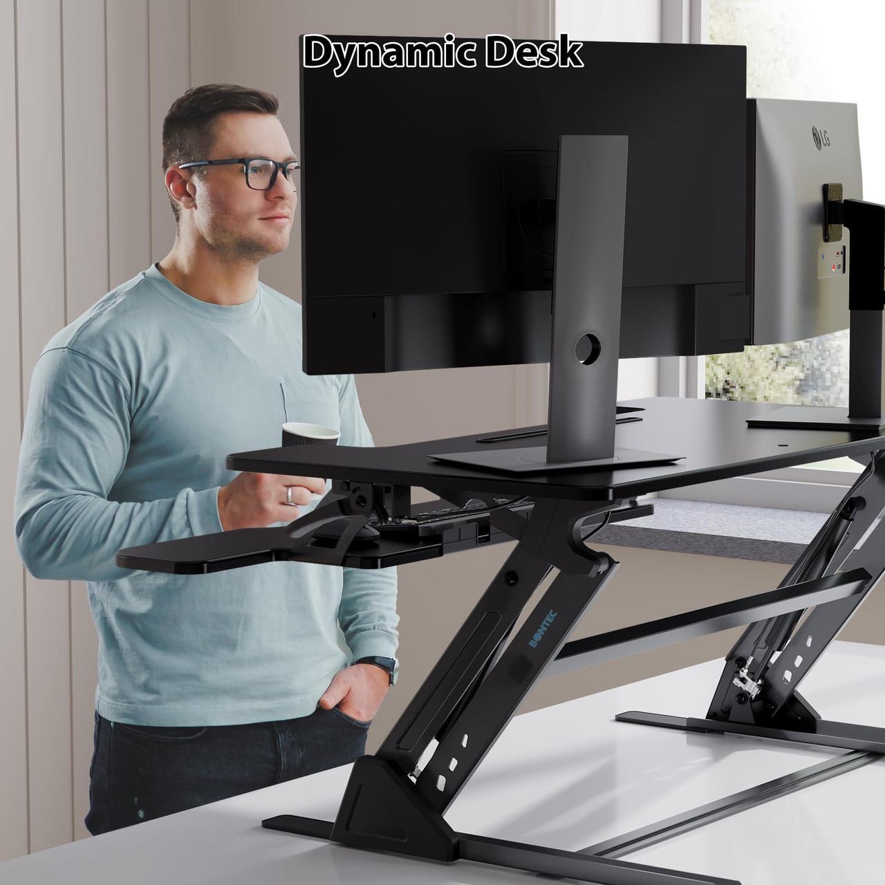 Alt view image 2 of 5 - BONTEC Standing Desk Converter w/Dual Gas Spring, Height Adjustable for Dual Monitor Workstation (36")