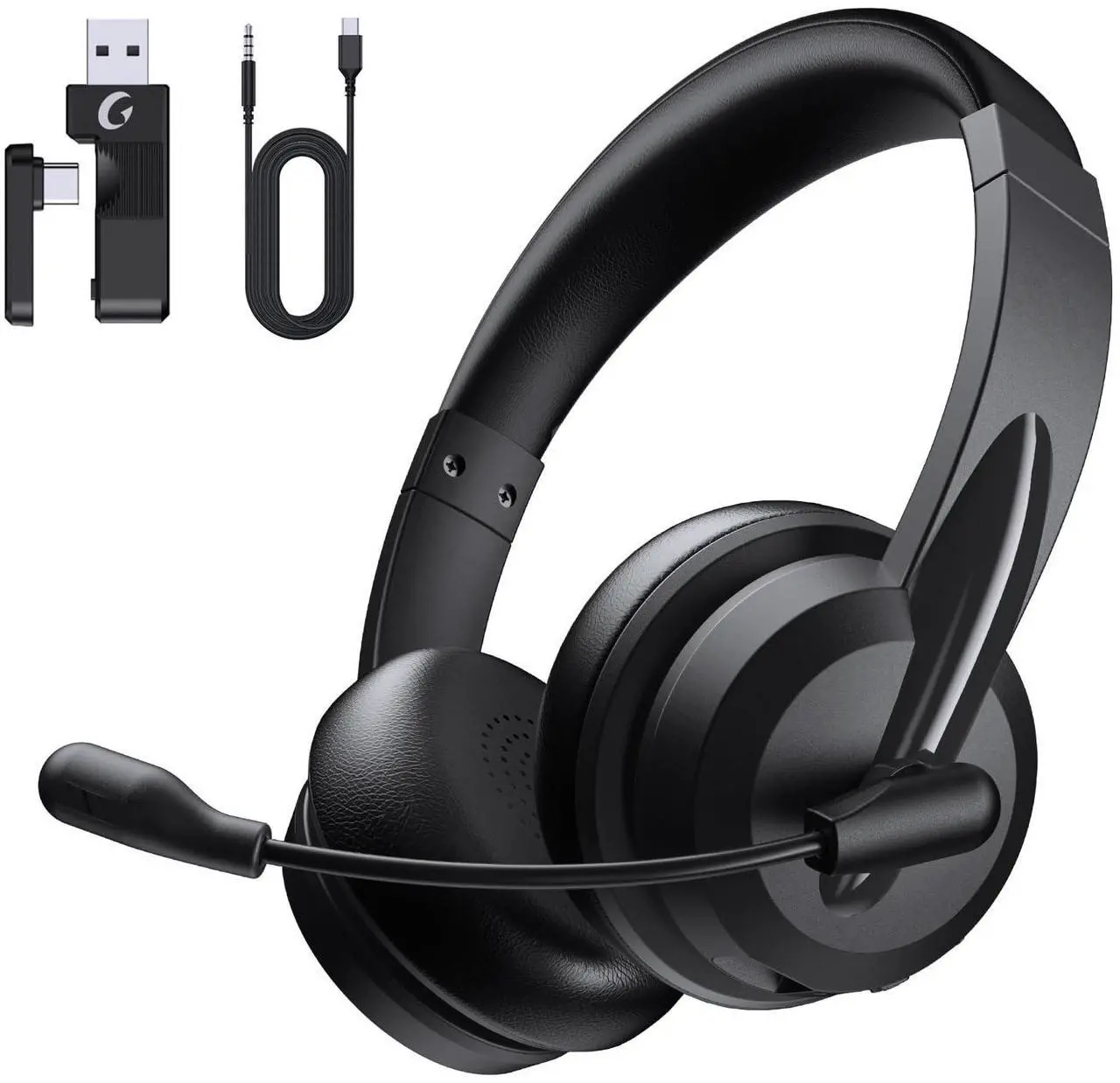 Main image of Wireless Headset with Mic for Work with AI Noise Cancelling Mic for Clear Calls, Bluetooth V5.3 Headphones with Microphone to USB A/C Dongle & Mic Mute for Computer Laptop PC iPhone (Black)
