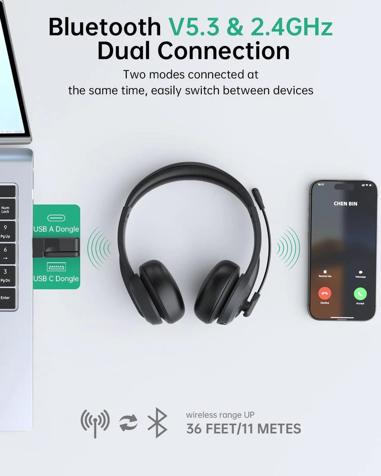 Alt view image 2 of 5 - Wireless Headset with Mic for Work with AI Noise Cancelling Mic for Clear Calls, Bluetooth V5.3 Headphones with Microphone to USB A/C Dongle & Mic Mute for Computer Laptop PC iPhone (Black)