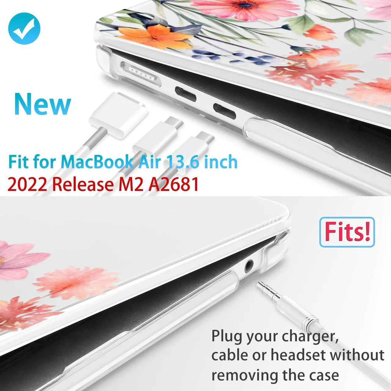 Alt view image 2 of 5 - Mektron for 2025 M4 MacBook Air 13.6 Inch A3240 Case Fits 2023 A2681 M2 2024 A3113 M3 Chip with Liquid Retina Display Touch ID, Printed Plastic Hard Shell Cover for MacBook Air 13.6", Floral P165