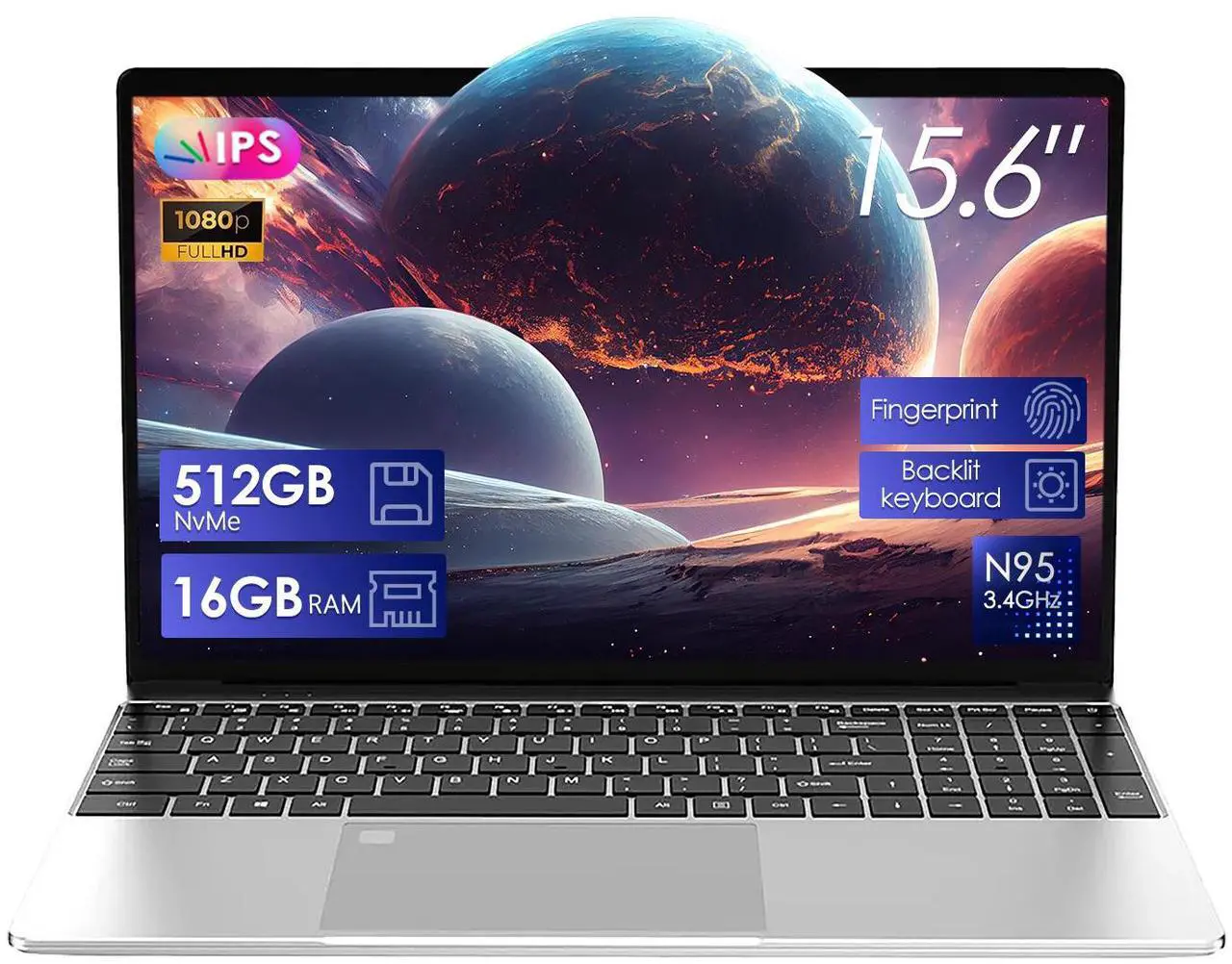Main image of 2025 Laptop Computer Intel 12th Gen N95,(Up to 3.4GHz),15.6 Thin Laptop16GB RAM, 512GB SSD, IPS 1080P Laptop, Fingerprint Unlock, Backlit Keyboard  Lightweight & Portable Laptop 2 Years Warranty