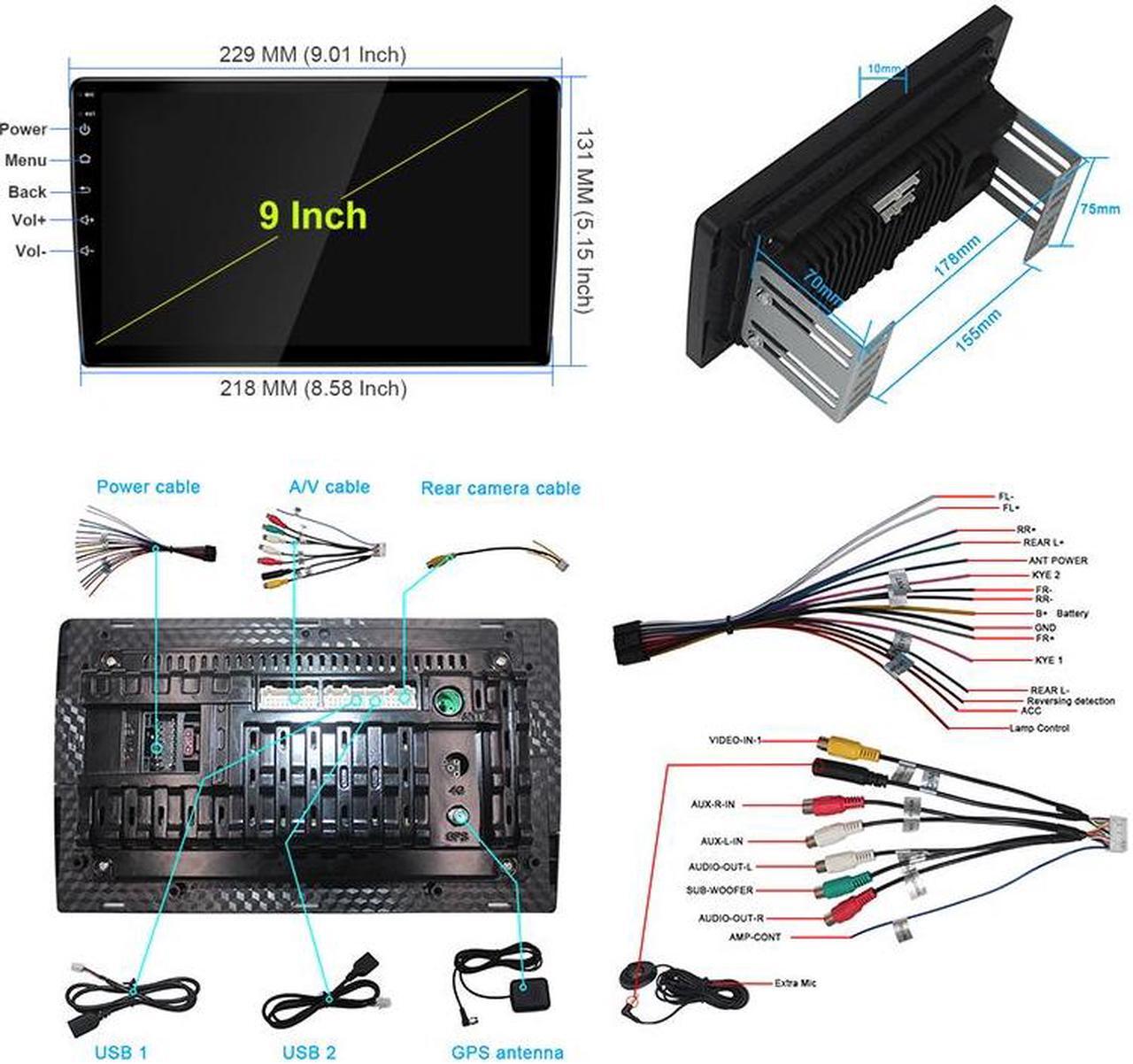 Alt view image 7 of 7 - KSPIV 9 Inch Touch Screen Android Car Stereo - Universal Double Din Car Radio 2G+32G with Wireless Carplay, Android Auto, GPS Navigation, Bluetooth, Multimedia Player, WiFi, USB, Backup Camera - Black
