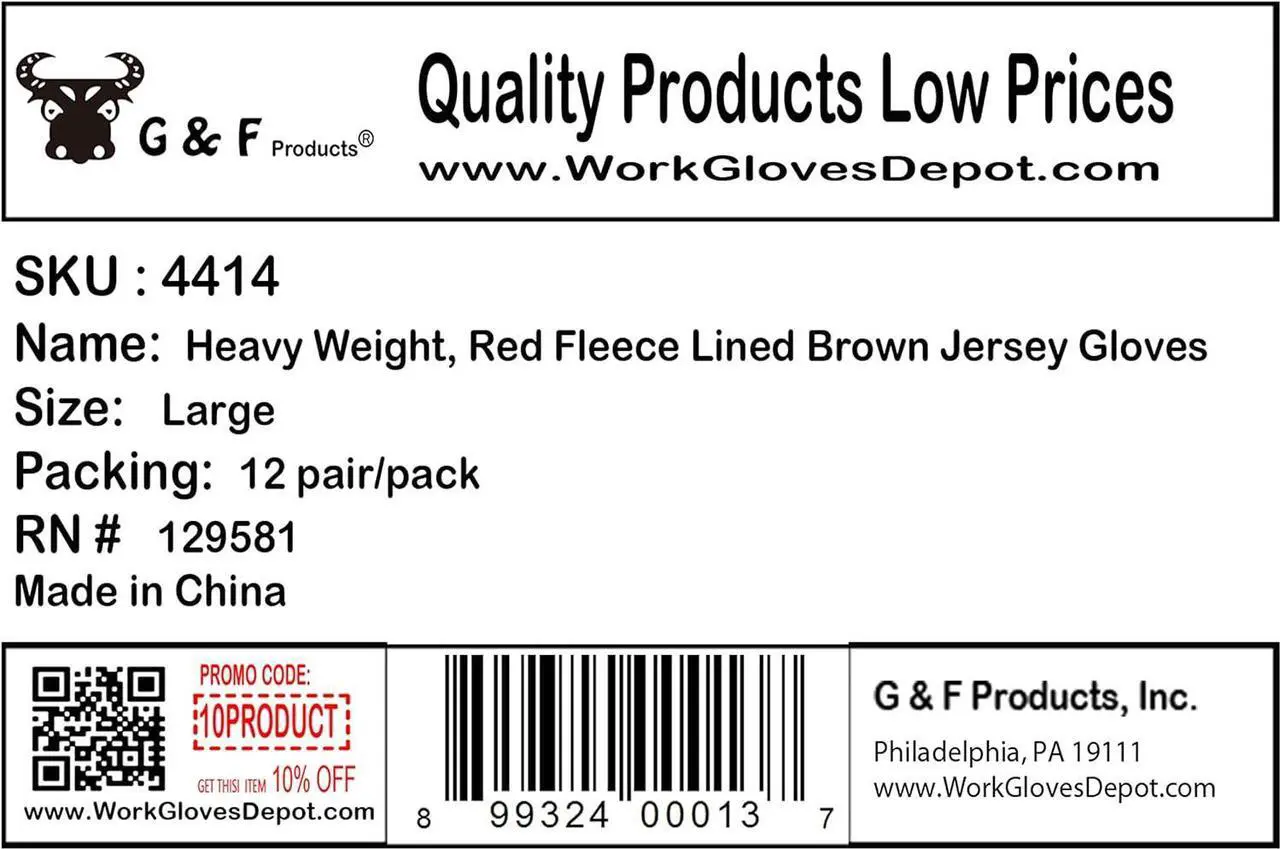 Alt view image 6 of 6 - G & F Products Brown Jersey Winter Work Gloves with Red Fleece Lining