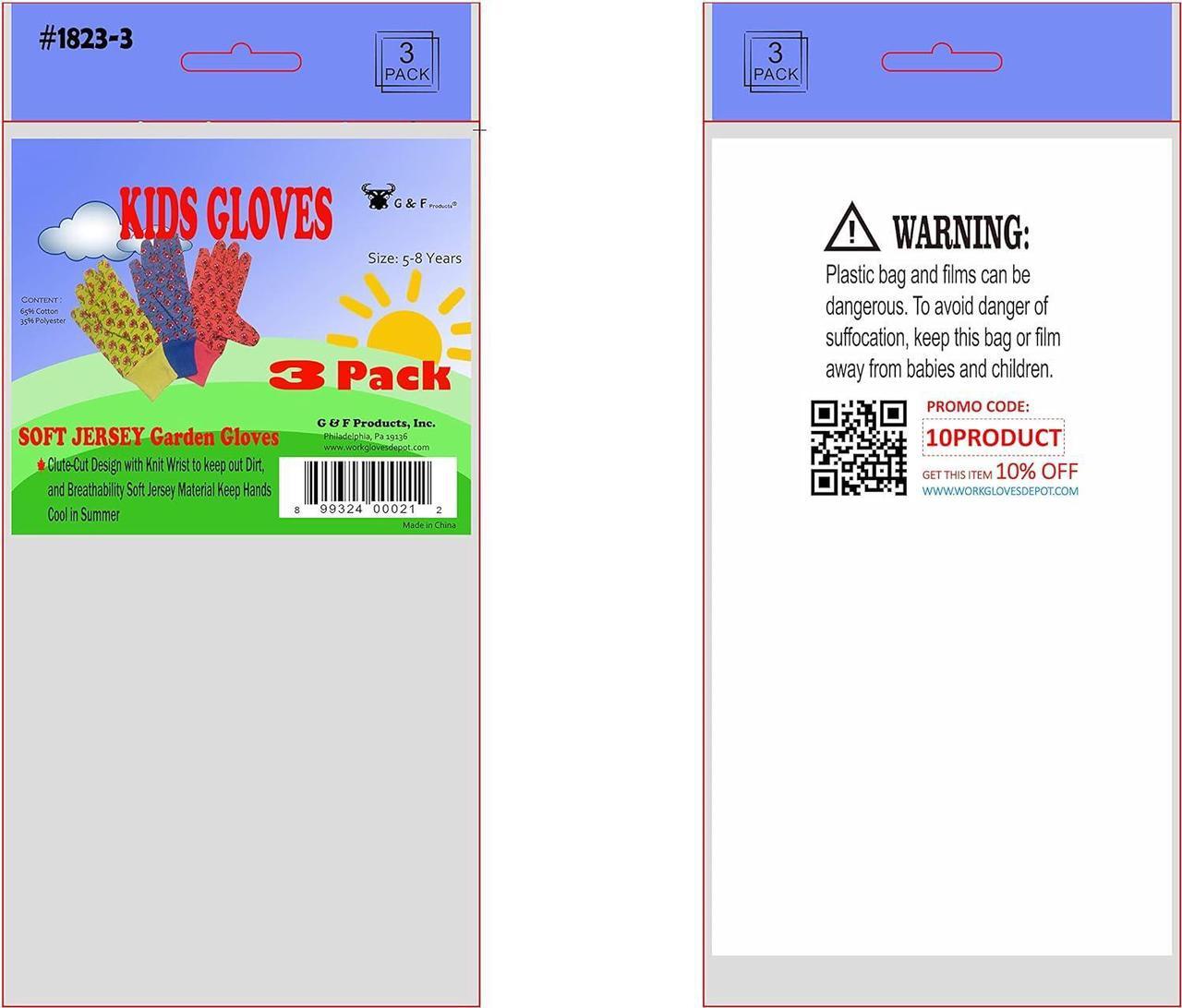 Alt view image 4 of 6 - G & F Products 1823-3 JustForKids Soft Jersey Kids Garden Gloves, Kids Work Gloves, 3 Pairs Green/Red/Blue per Pack