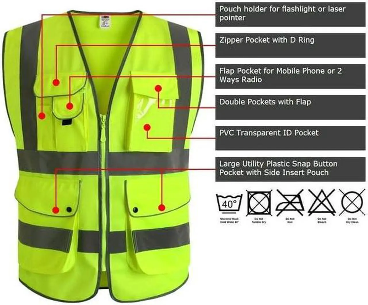 Alt view image 2 of 7 - G & F Products Reflective Vest Safety Vest High Visibility with reflective strips multi-pockets ANSI Class 2 standard, Neon Green