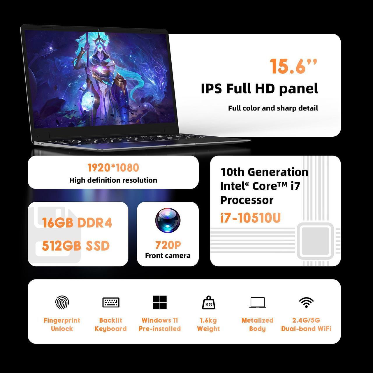 Alt view image 2 of 7 - TUHUI  Laptop notebook Windows 11 Pro 15.6 inch Intel Core i7 10510U 16GB Memory RAM DDR4 512GB M.2 SSD Gray