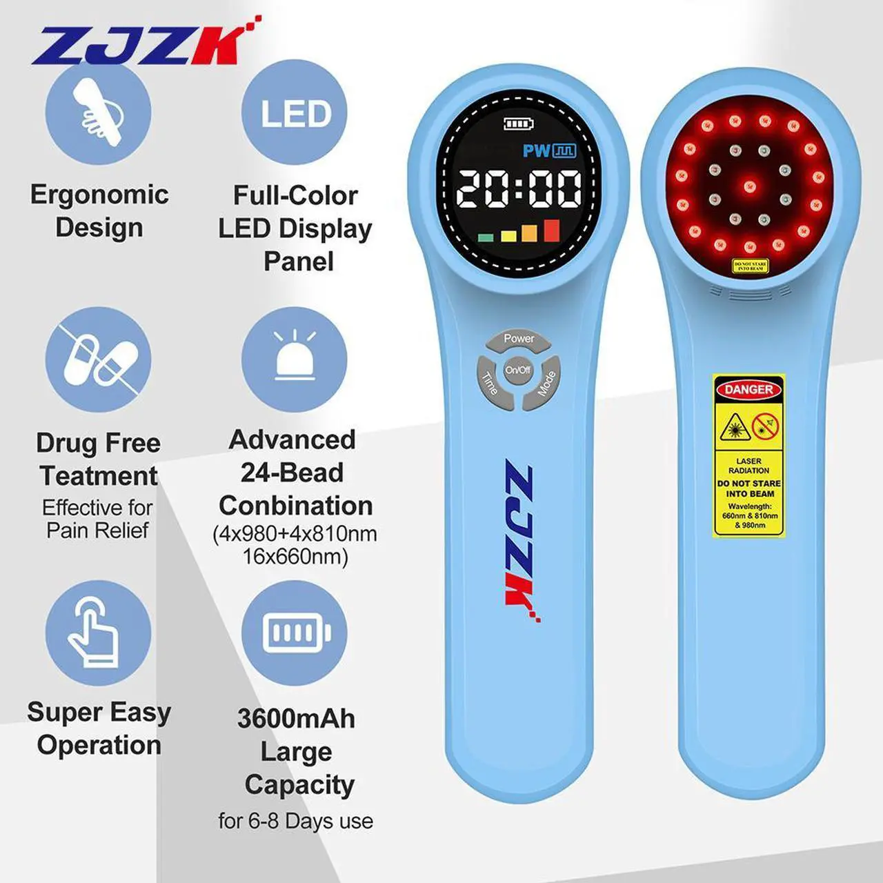 Alt view image 4 of 7 - ZJZK Cold Laser Therapy For Arthritis 16X660Nm 4X810Nm 4X980Nm Hand Held Cold Laser For People Or Animals Easy To Carry Blue