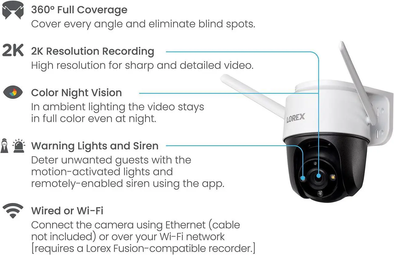 Alt view image 7 of 7 - Lorex 2K Pan-Tilt Indoor/Outdoor WiFi Security Camera - Home Security Camera with 360 View Auto-Tracking, Color Night Vision, Person Detection, and Warning - Free 32GB Micro SD Card (2K White)
