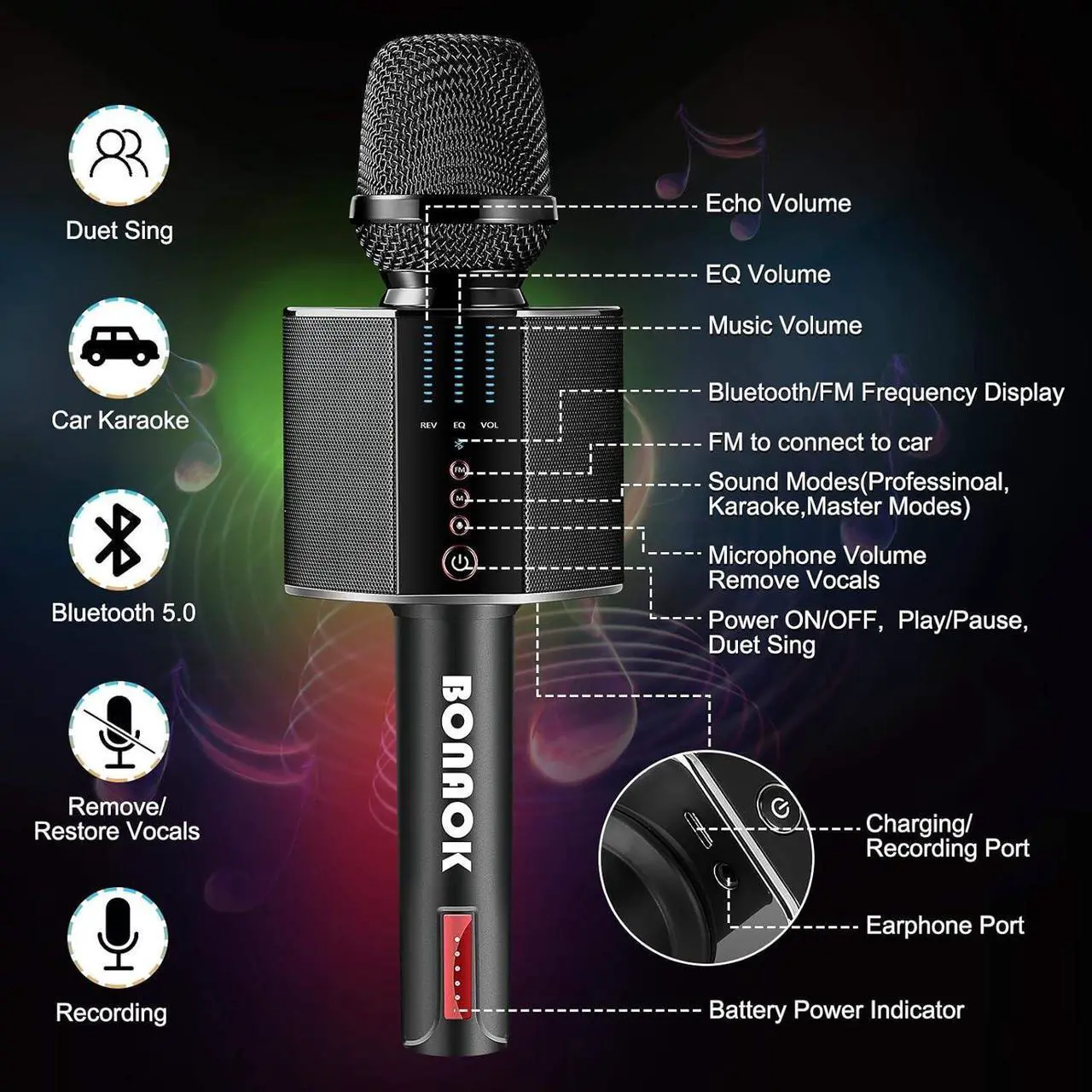 Alt view image 6 of 7 - Microphone, Portable Wireless Bluetooth  Mic for Adults&Kids Car Home Outdoor Party,  Machine for PC/All Smartphone G50 Black