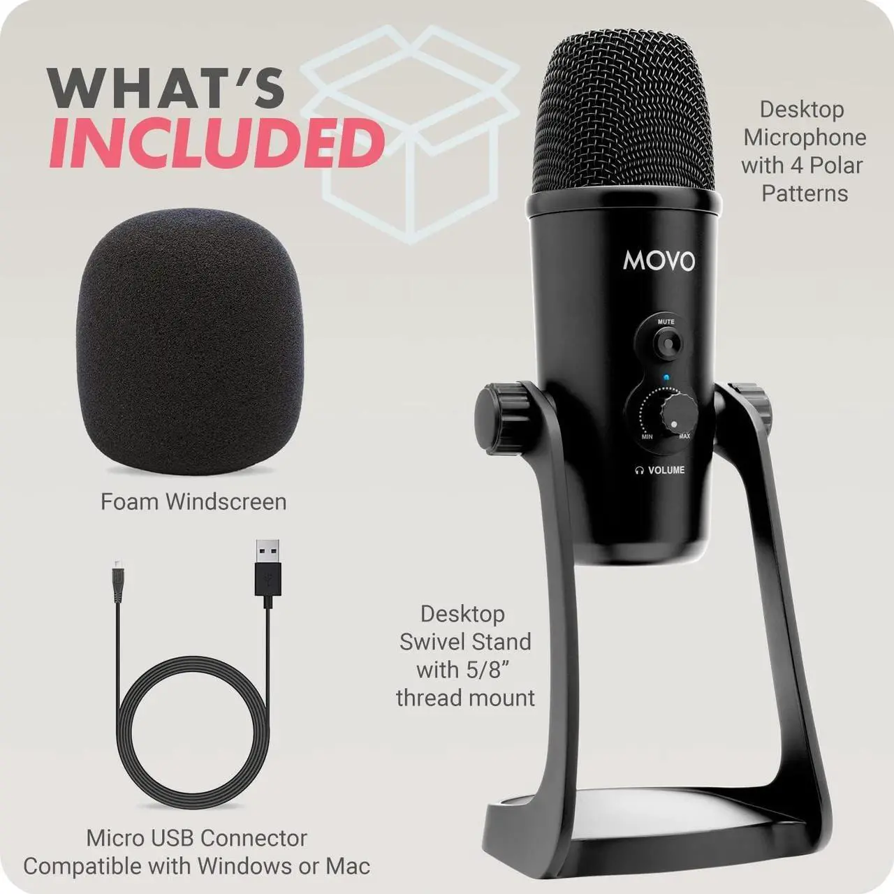 Alt view image 3 of 6 - Movo UM700 Computer Condenser USB Gaming Mic with Adjustable Pickup Patterns - Microphone for PC, PS5, Podcasting, Streaming, ASMR