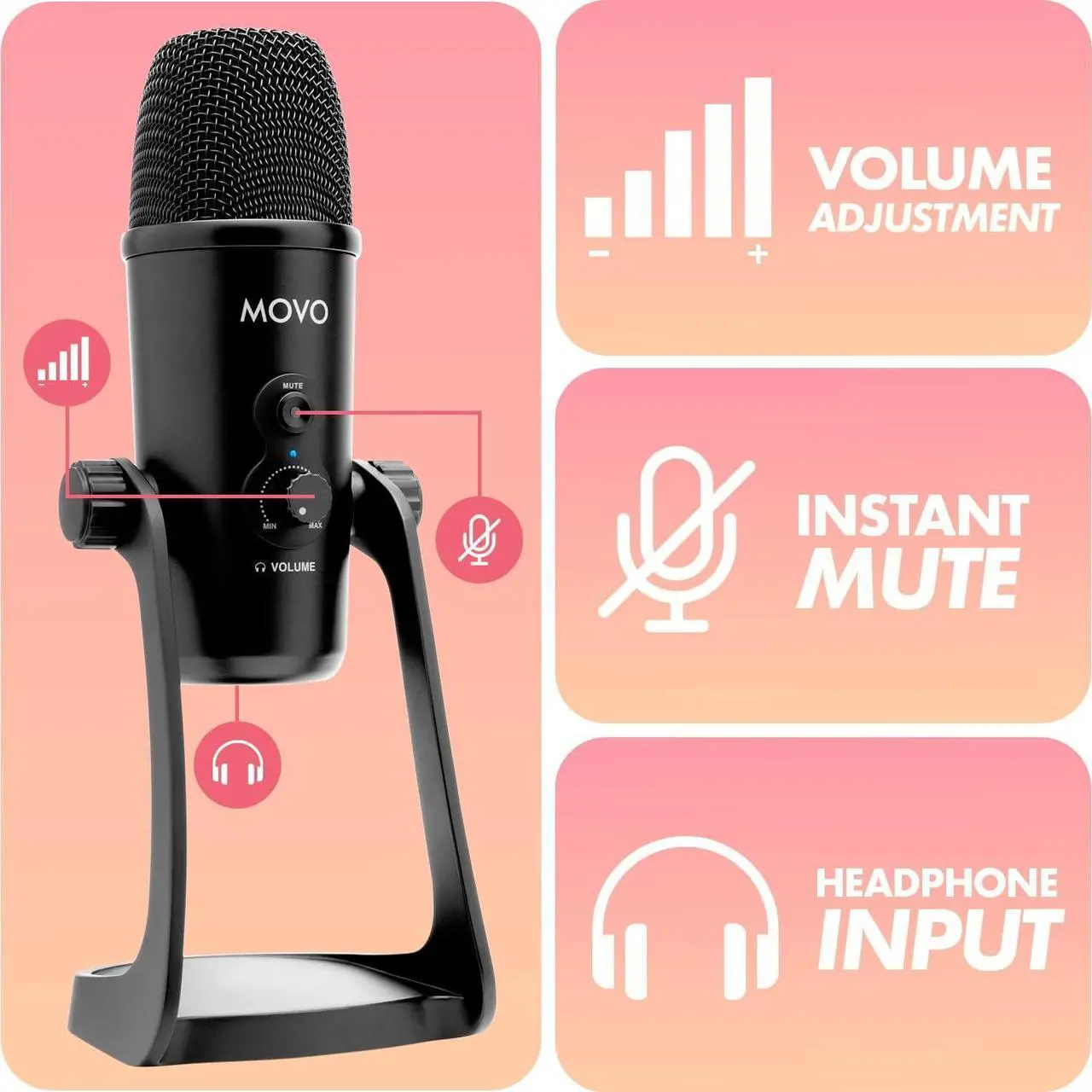 Alt view image 6 of 6 - Movo UM700 Computer Condenser USB Gaming Mic with Adjustable Pickup Patterns - Microphone for PC, PS5, Podcasting, Streaming, ASMR