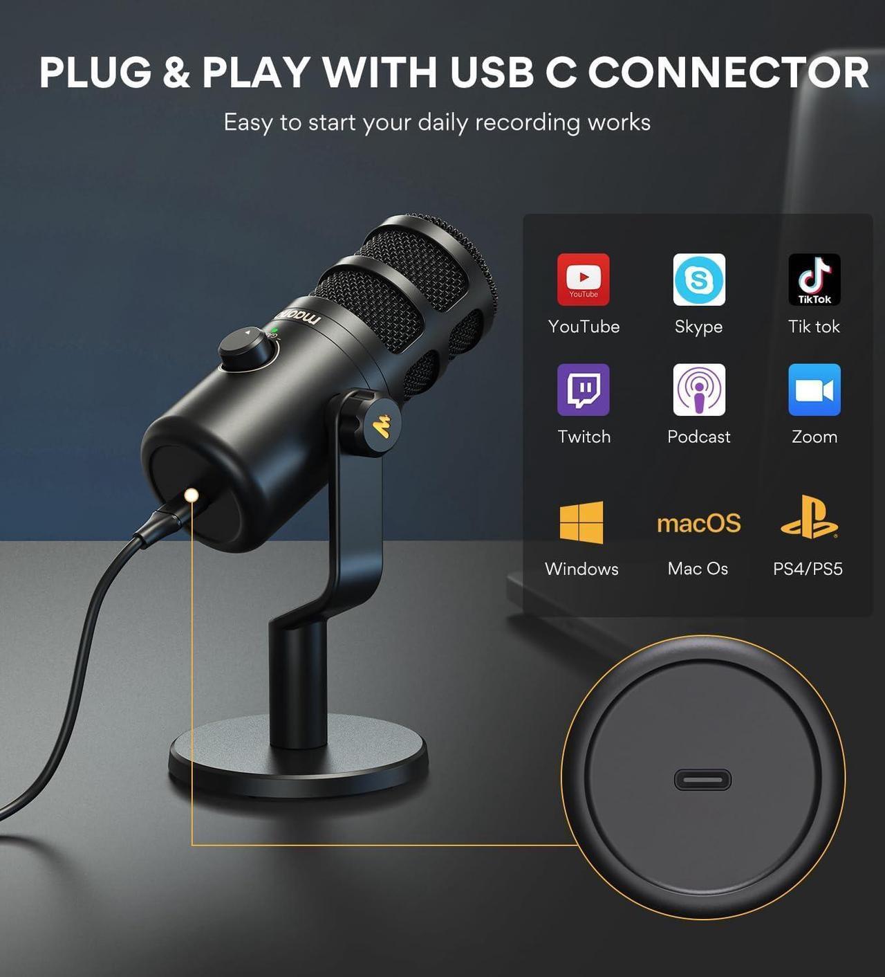 Alt view image 2 of 7 - MAONO USB Dynamic Microphone, Podcast Recording Microphone with Gain Knob, Plug & Play, Metal Structure, Voice-Isolating Technology, Cardioid Studio PC Mic for Streaming, Vocal, Home Studio-PD100U