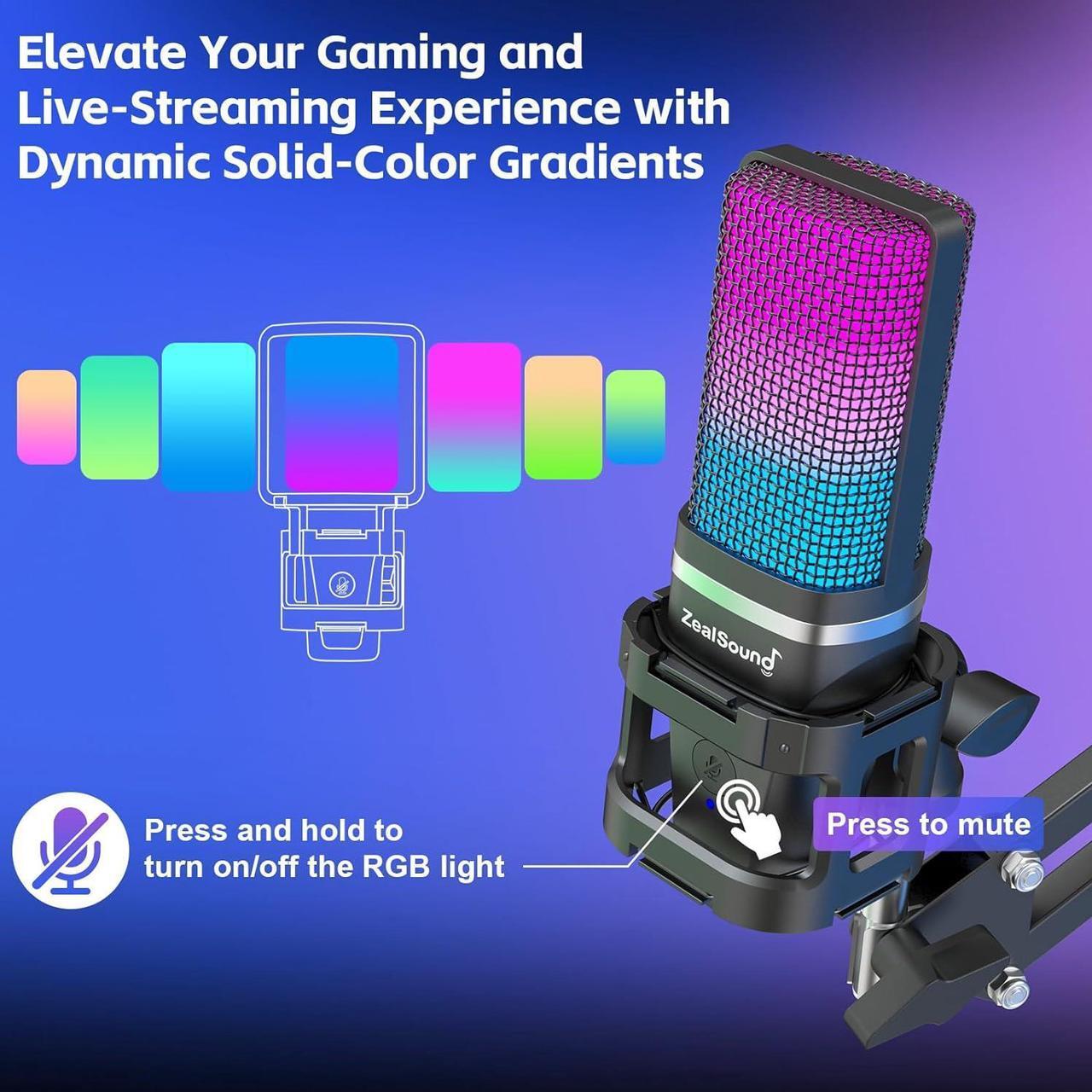 Alt view image 3 of 7 - ZealSound Gaming USB Microphone,Noise Cancellation Condenser mic,RGB Microphone with Mute,Gain,Monitoring,Boom Arm,Pop Filter for Phone,PC,Computer,PS4,PS5,Mac,Streaming,Podcast,Twitch,YouTube,Discord