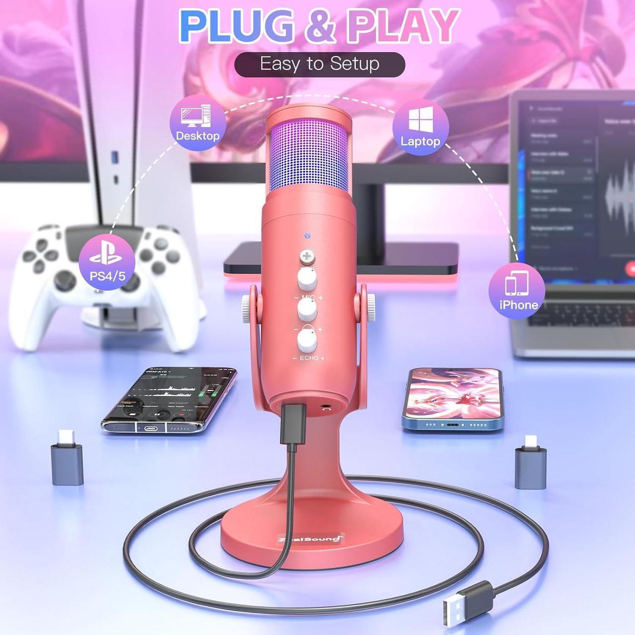 Alt view image 2 of 7 - ZealSound USB Gaming Microphone for iPhone PC Type C Phone,Noise Cancellation,K66 RGB Condenser Mic with Controllable Led Lights,Echo,Touch Mute,Monitor,Gain for Podcast,Gaming,Podcasting,ASMR (Pink)