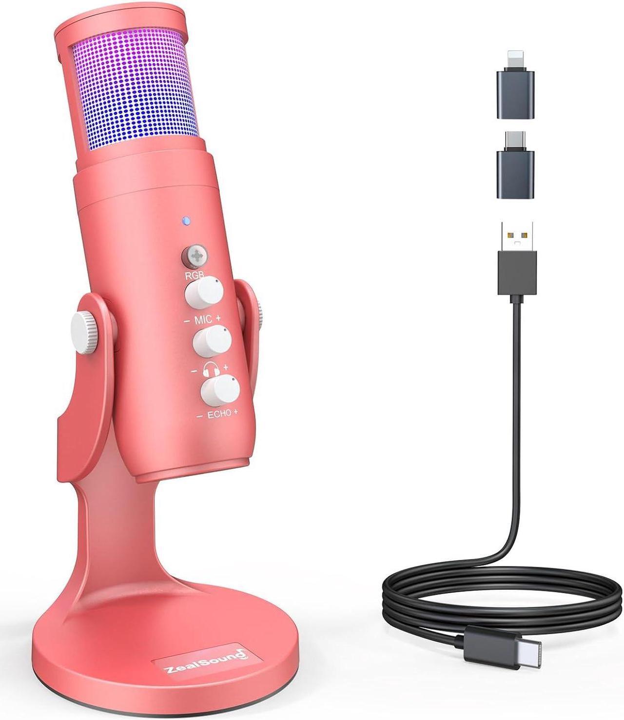 Main image of ZealSound USB Gaming Microphone for iPhone PC Type C Phone,Noise Cancellation,K66 RGB Condenser Mic with Controllable Led Lights,Echo,Touch Mute,Monitor,Gain for Podcast,Gaming,Podcasting,ASMR (Pink)