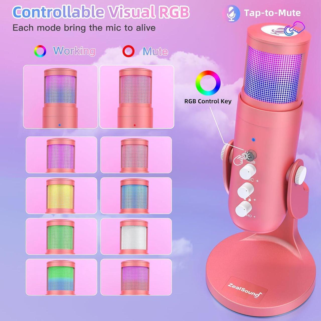 Alt view image 3 of 7 - ZealSound USB Gaming Microphone for iPhone PC Type C Phone,Noise Cancellation,K66 RGB Condenser Mic with Controllable Led Lights,Echo,Touch Mute,Monitor,Gain for Podcast,Gaming,Podcasting,ASMR (Pink)