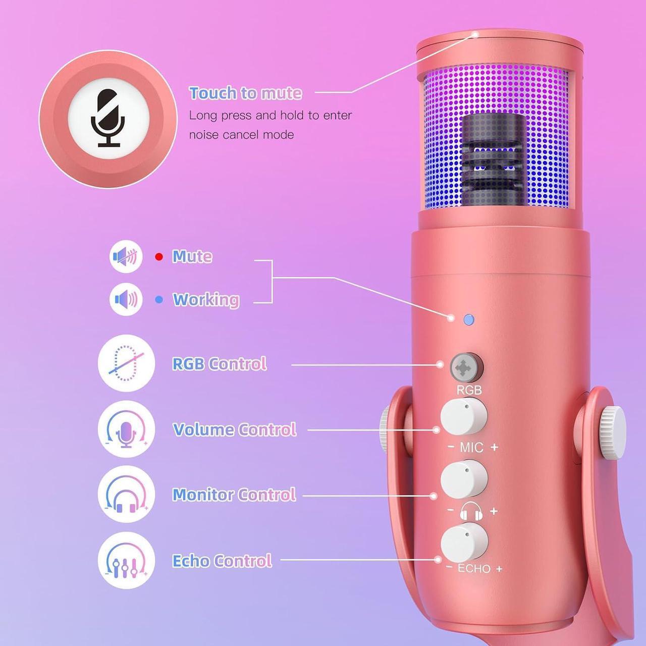 Alt view image 5 of 7 - ZealSound USB Gaming Microphone for iPhone PC Type C Phone,Noise Cancellation,K66 RGB Condenser Mic with Controllable Led Lights,Echo,Touch Mute,Monitor,Gain for Podcast,Gaming,Podcasting,ASMR (Pink)
