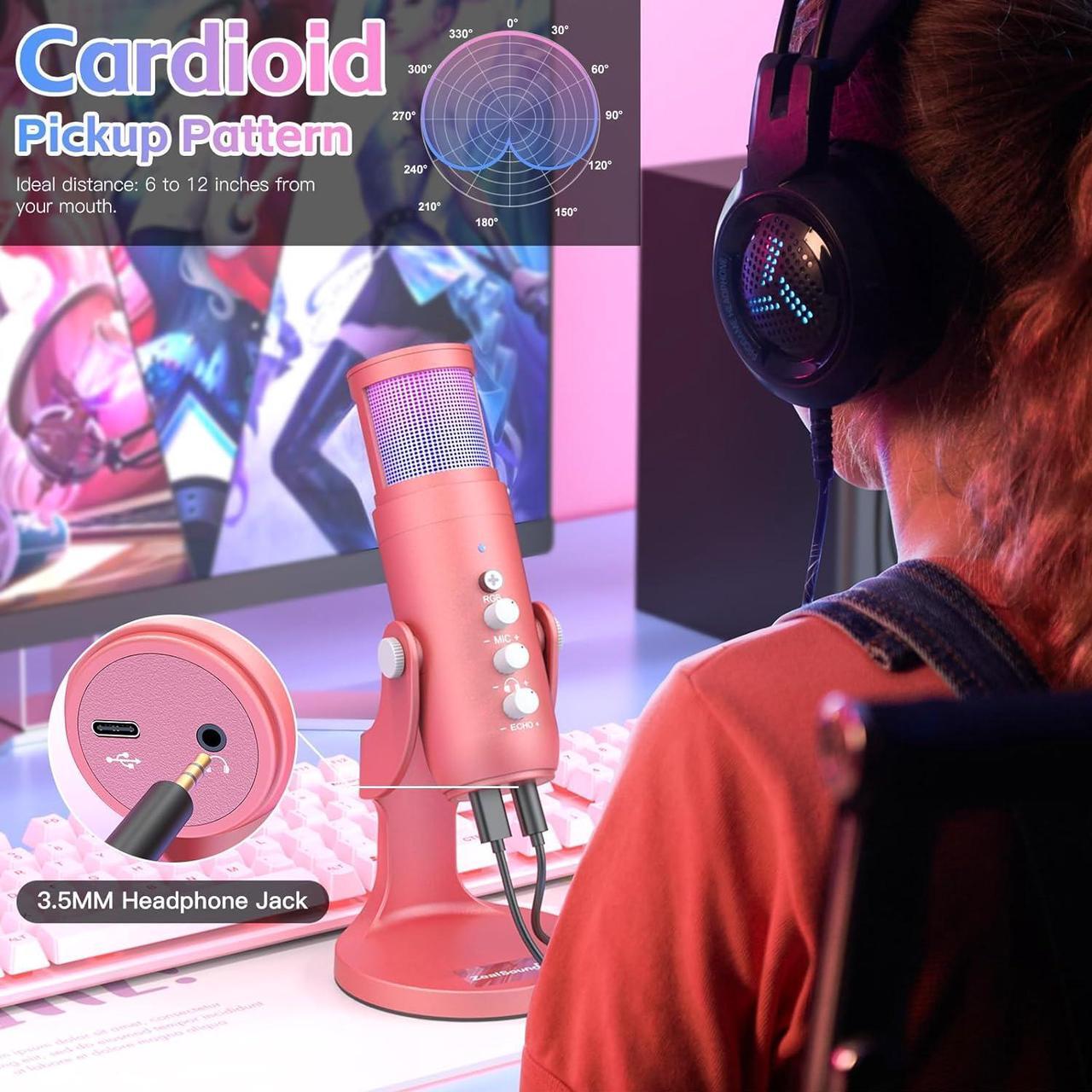 Alt view image 6 of 7 - ZealSound USB Gaming Microphone for iPhone PC Type C Phone,Noise Cancellation,K66 RGB Condenser Mic with Controllable Led Lights,Echo,Touch Mute,Monitor,Gain for Podcast,Gaming,Podcasting,ASMR (Pink)