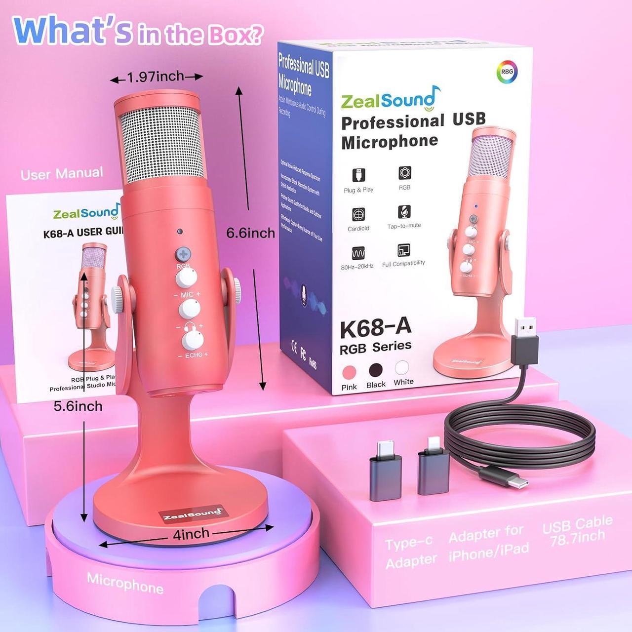 Alt view image 7 of 7 - ZealSound USB Gaming Microphone for iPhone PC Type C Phone,Noise Cancellation,K66 RGB Condenser Mic with Controllable Led Lights,Echo,Touch Mute,Monitor,Gain for Podcast,Gaming,Podcasting,ASMR (Pink)